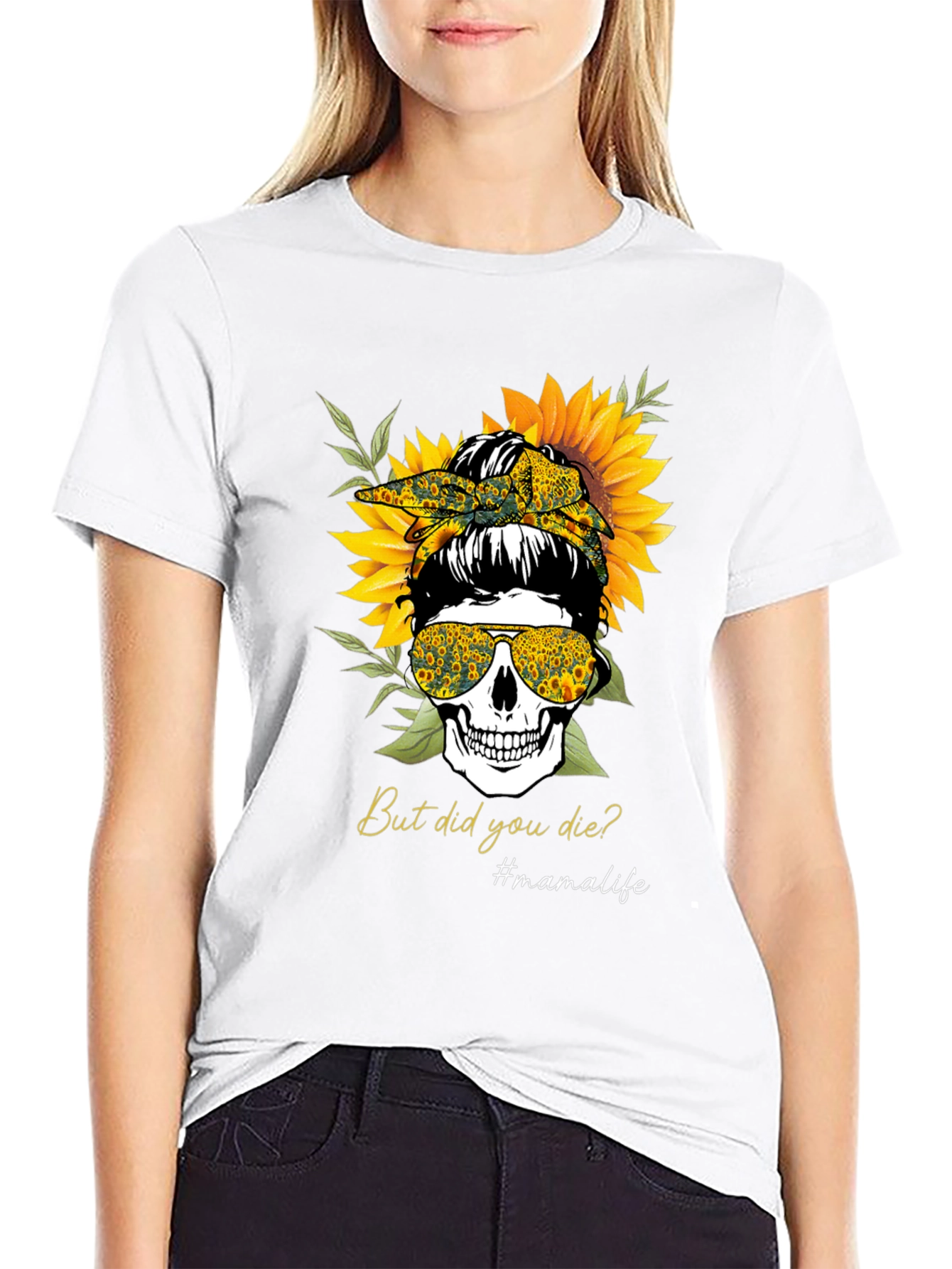 Mama Life Skull Sunflower Graphic Tee