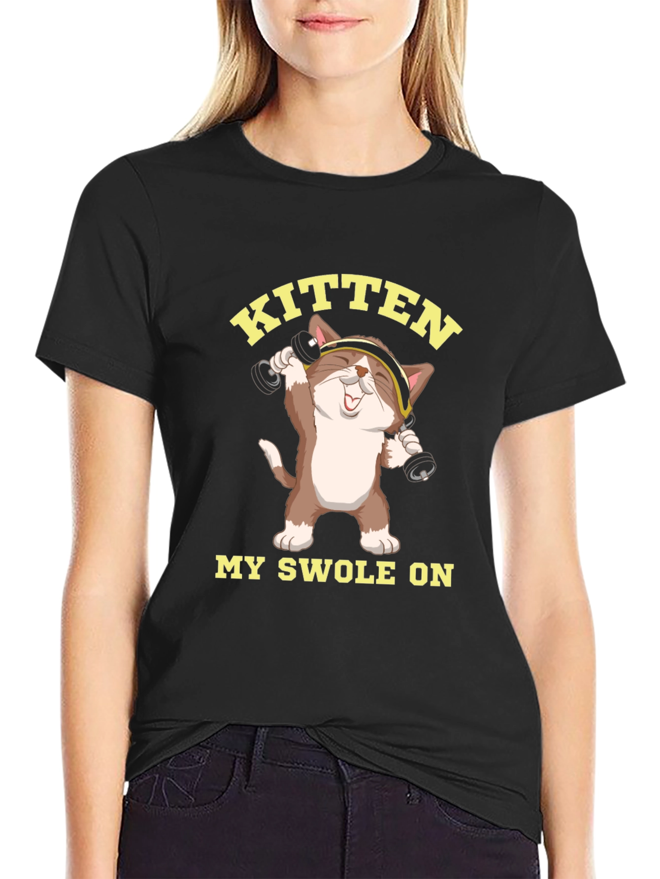 Kitten My Swolle On Black Graphic Tee