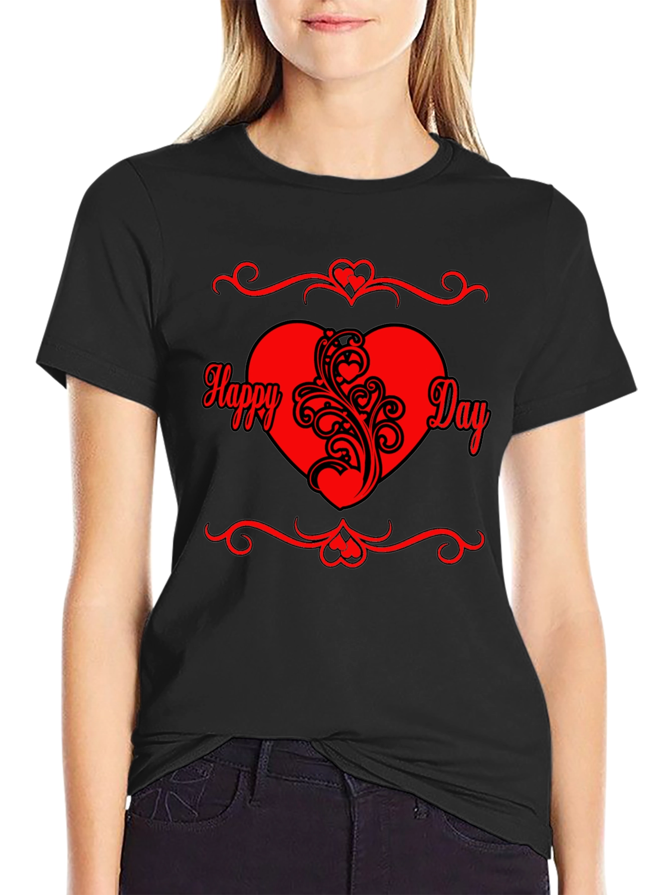 Happy Day Black T-Shirt with Red Heart Graphic