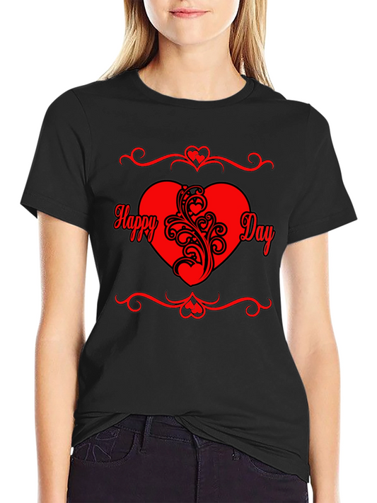 Happy Day Black T-Shirt with Red Heart Graphic