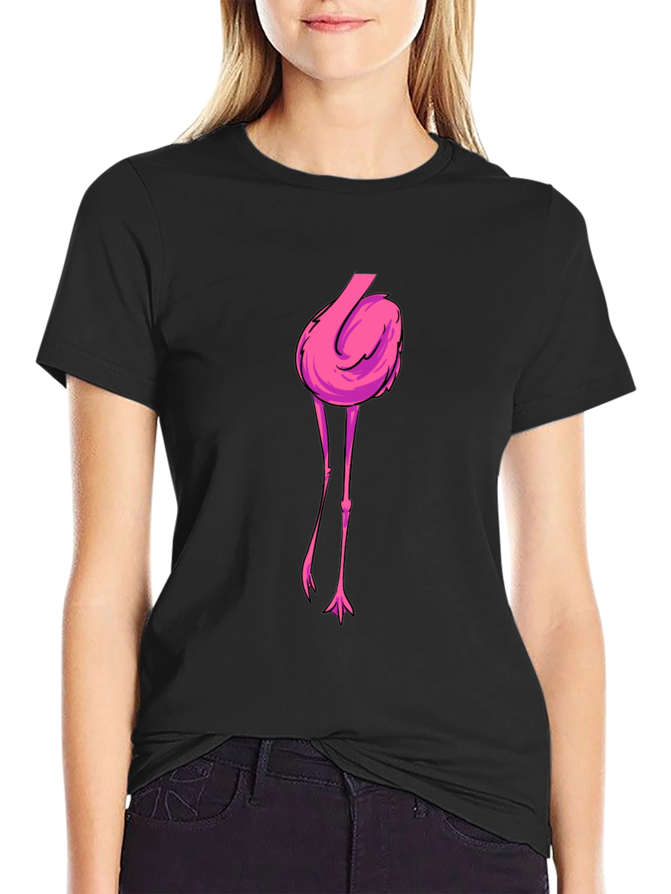 Black T-Shirt with Flamingo Graphic Print