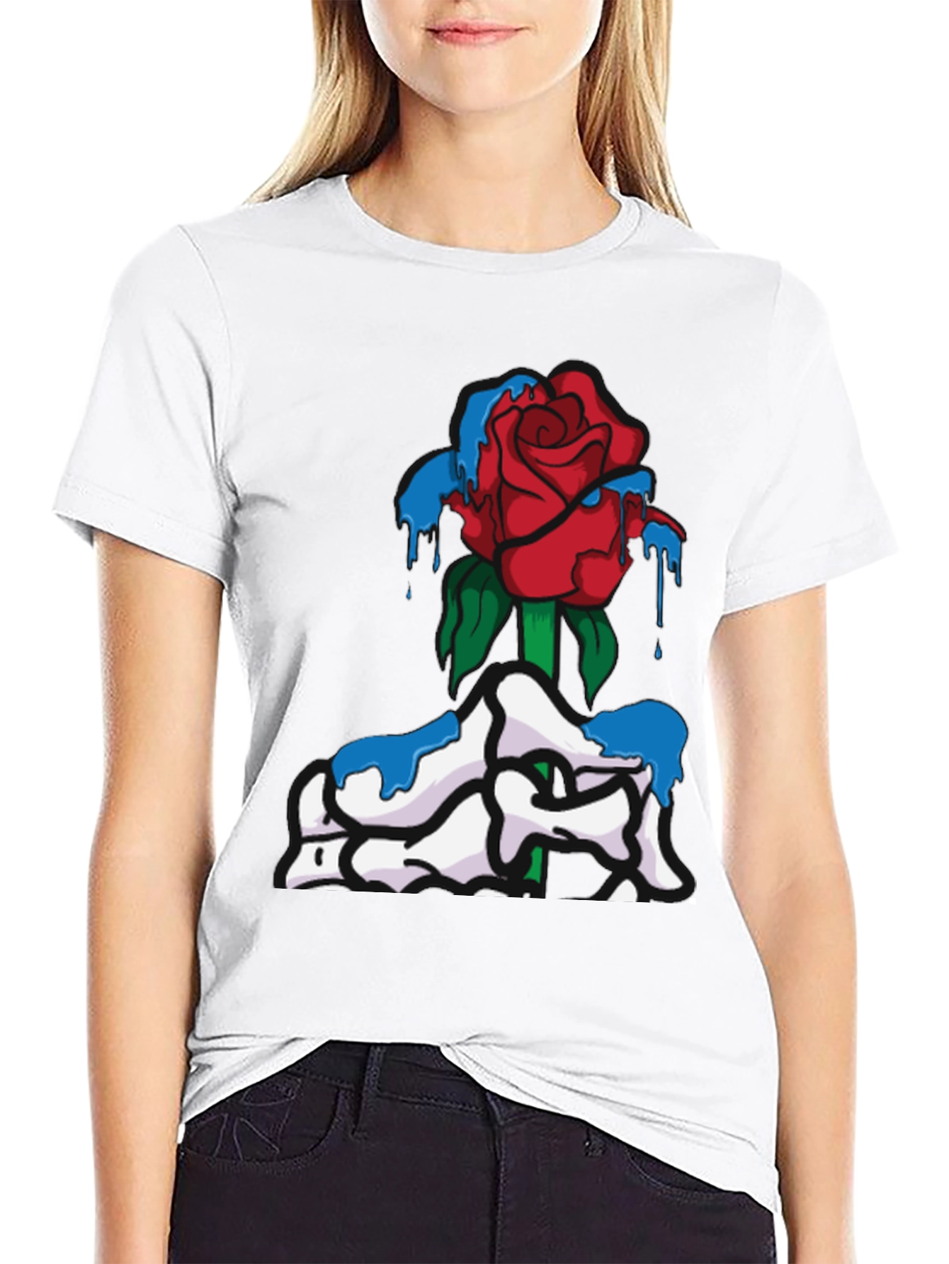 Rose & Dripping Paint Graphic Tee - Black