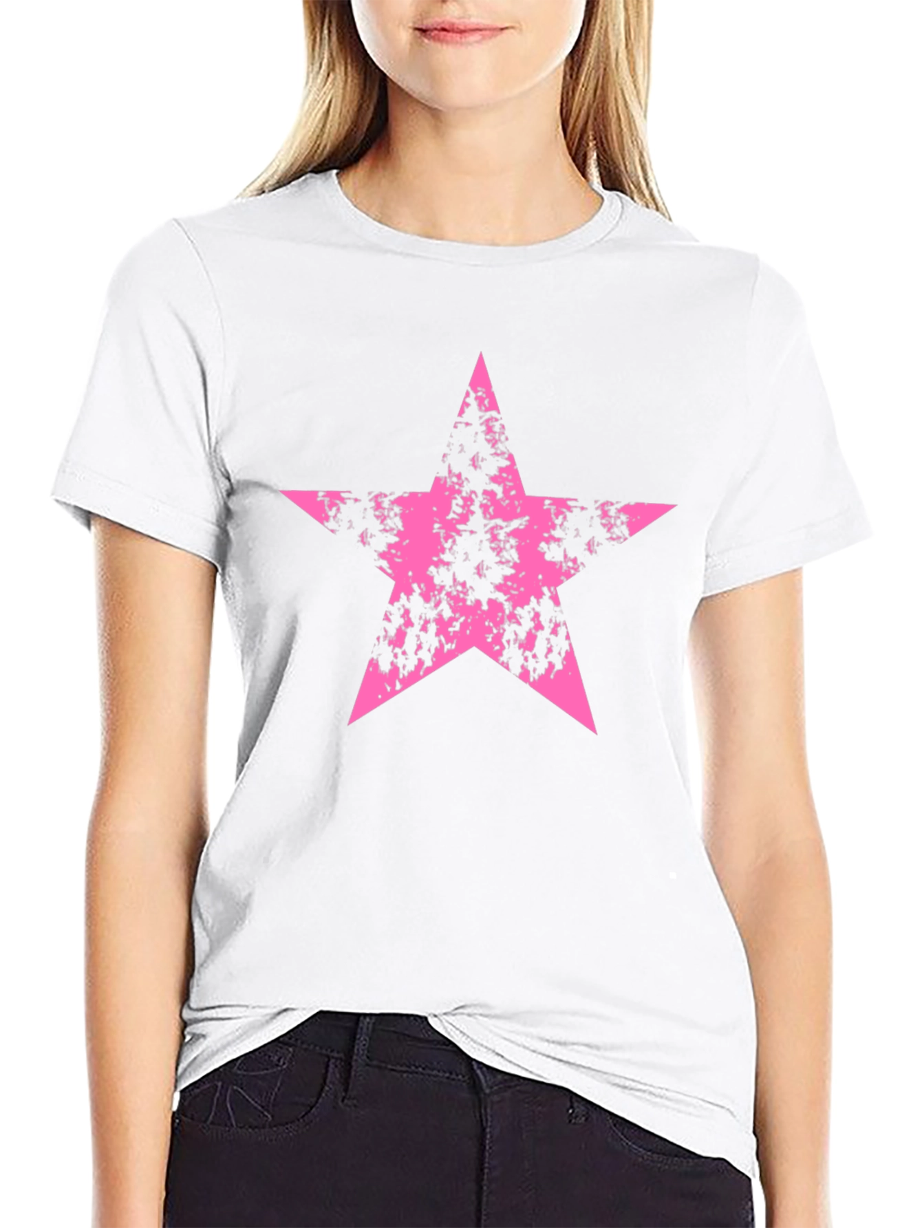 Pink Grunge Star Graphic Black T-Shirt