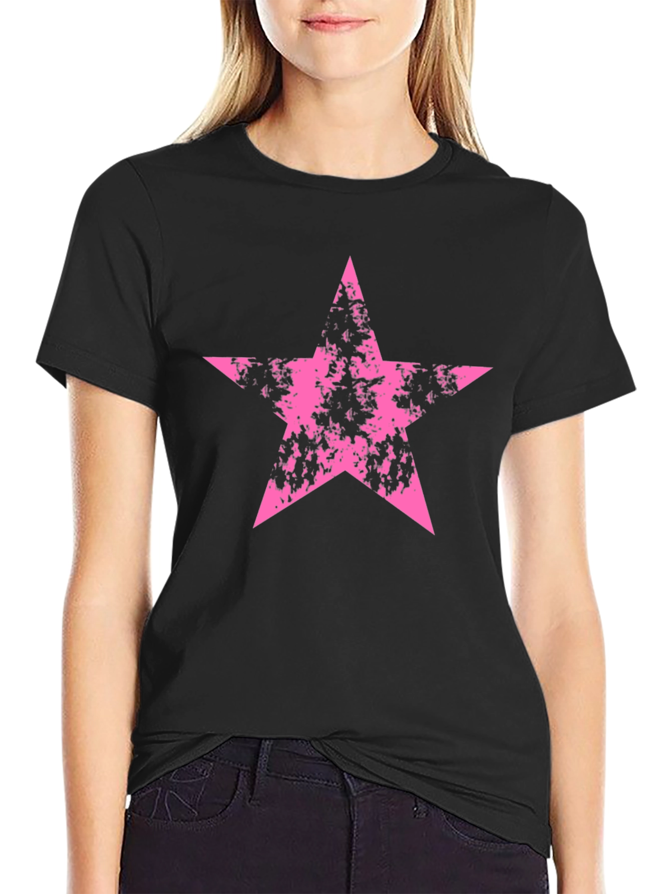 Pink Grunge Star Graphic Black T-Shirt