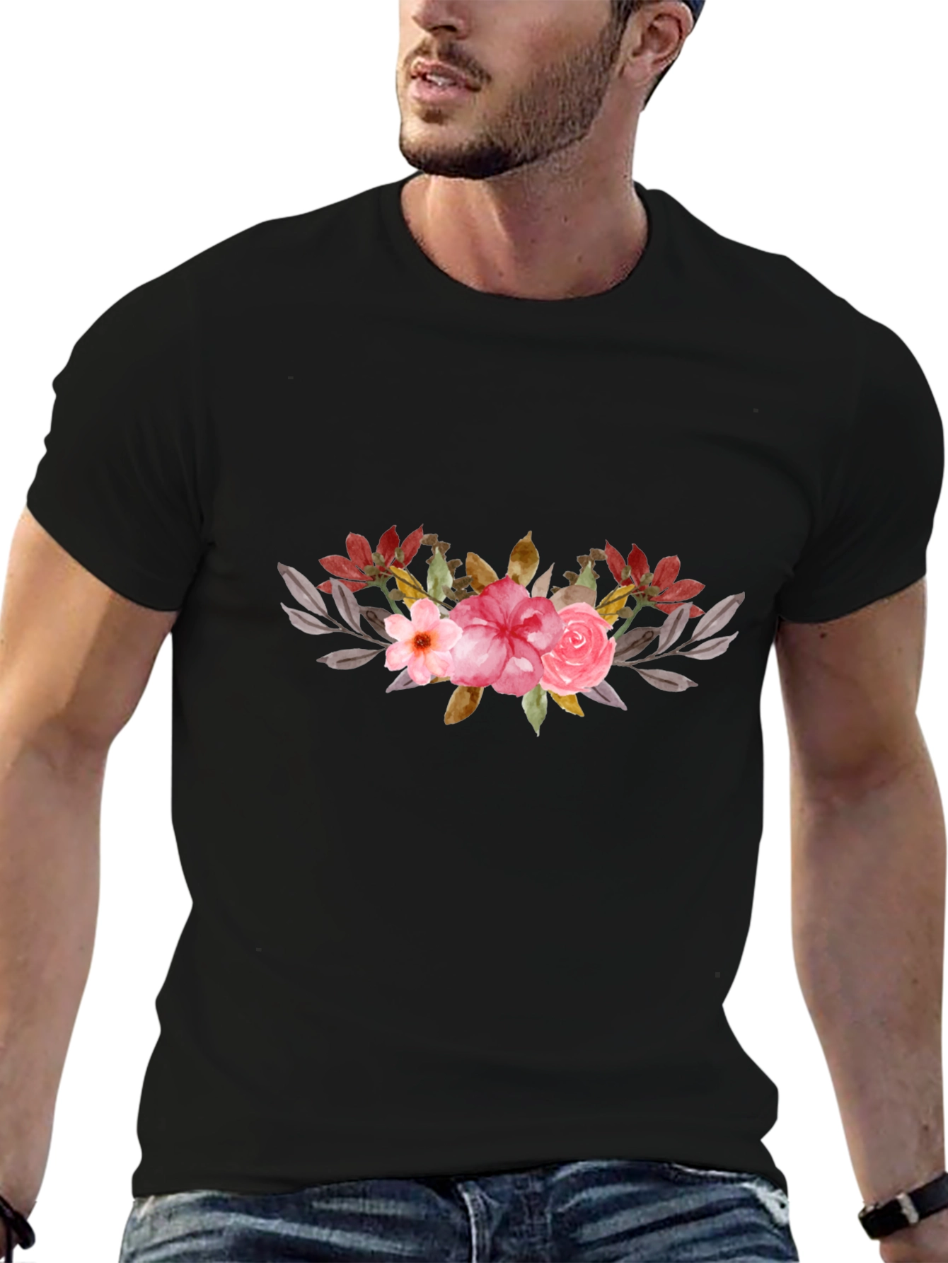 Floral Accent Black Tee