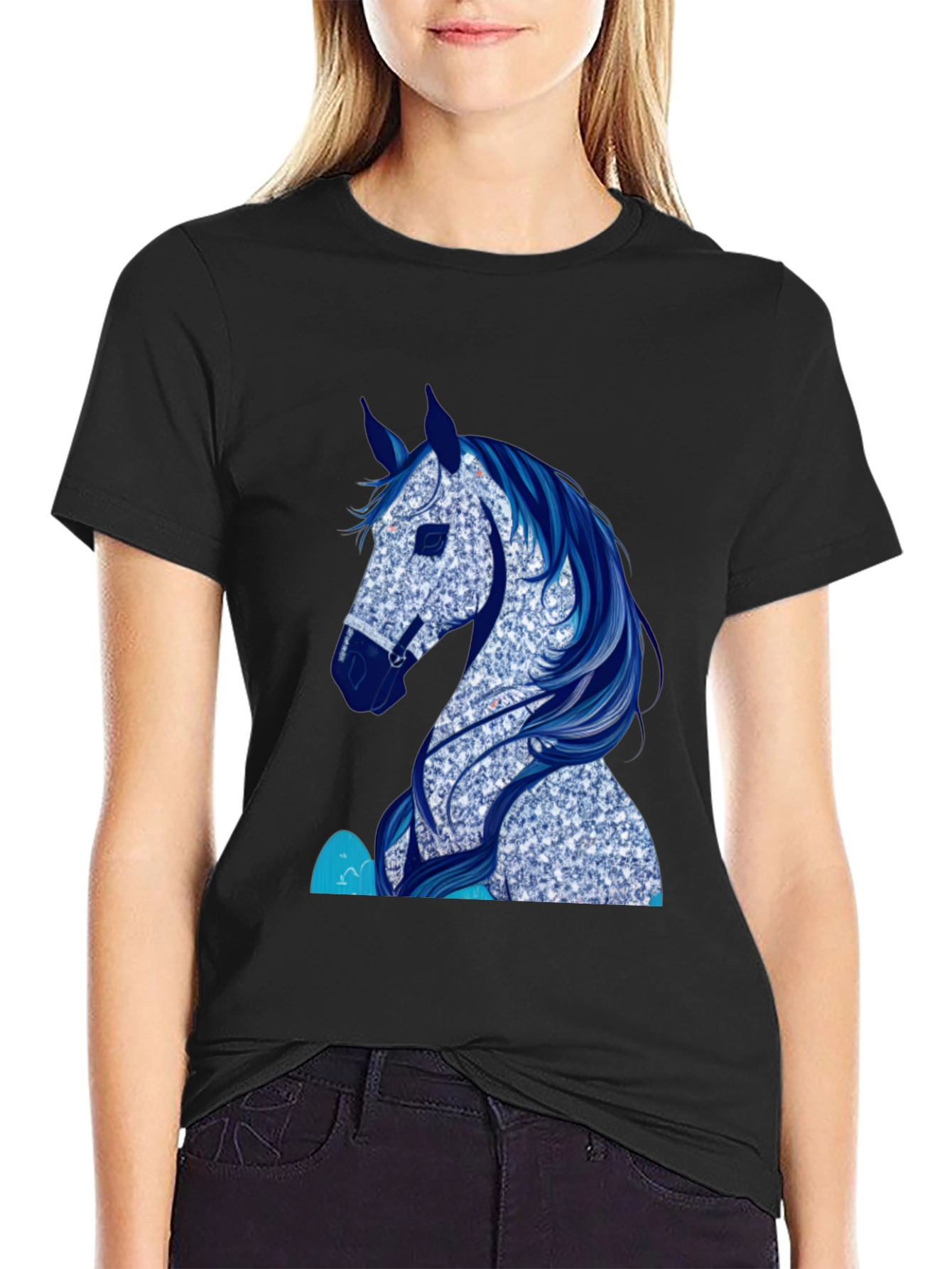 Horse Graphic Tee - Black Cotton Blend T-Shirt
