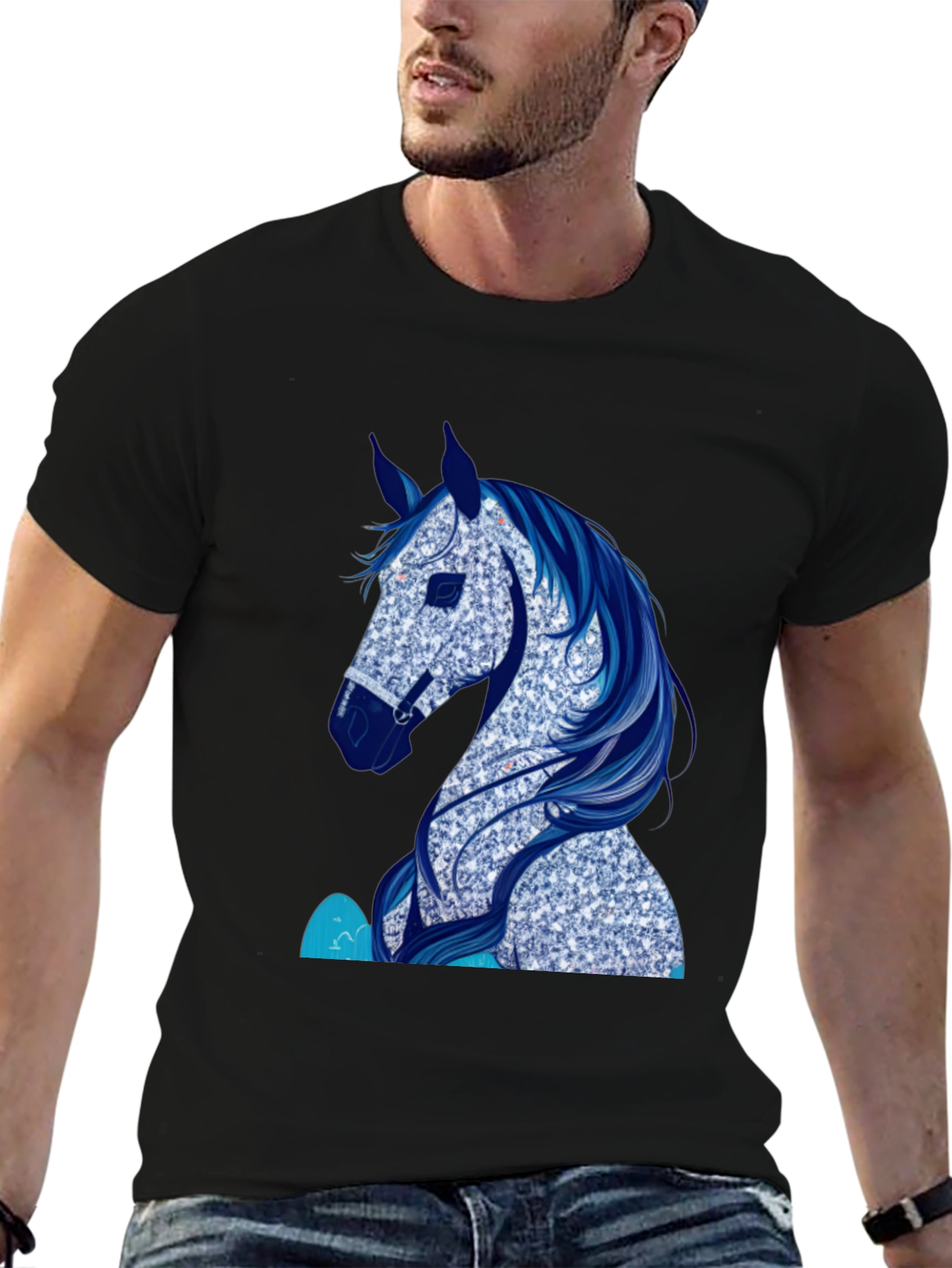 Horse Graphic Tee - Black Cotton Blend T-Shirt