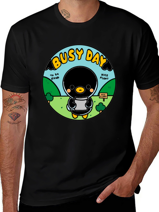 Busy Day Cartoon Duck Black T-Shirt