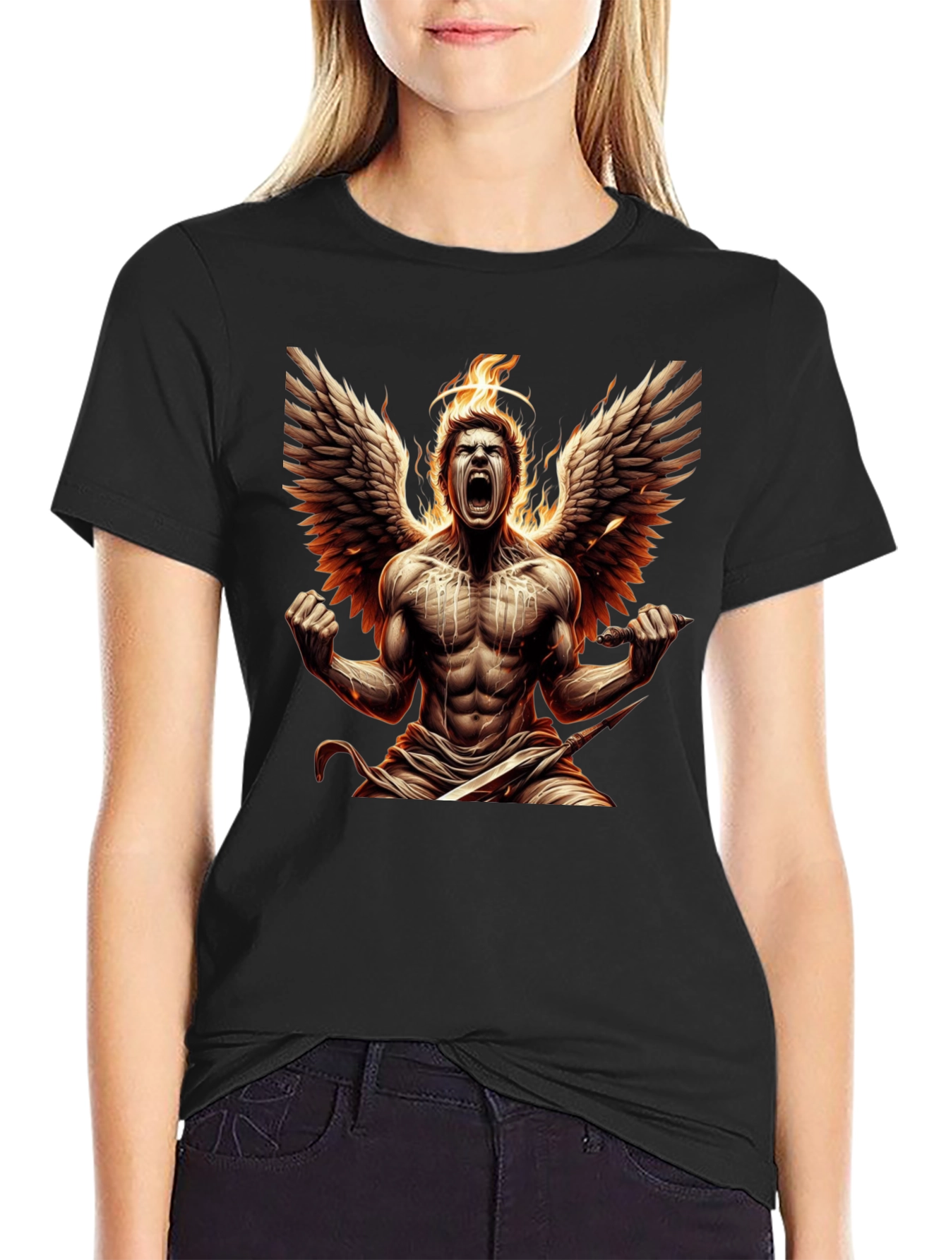 Fiery Angel Graphic Tee - Black Cotton T-Shirt