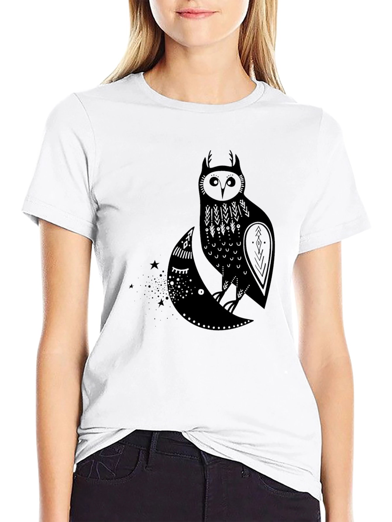 Owl on Moon Graphic T-Shirt - Black Cotton Tee