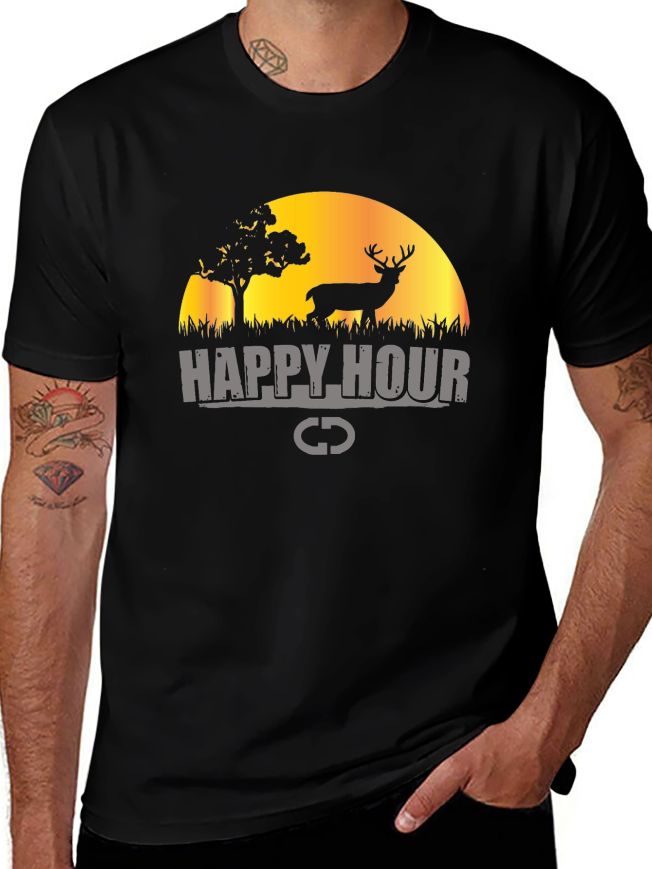 Happy Hour Deer Graphic Black T-Shirt