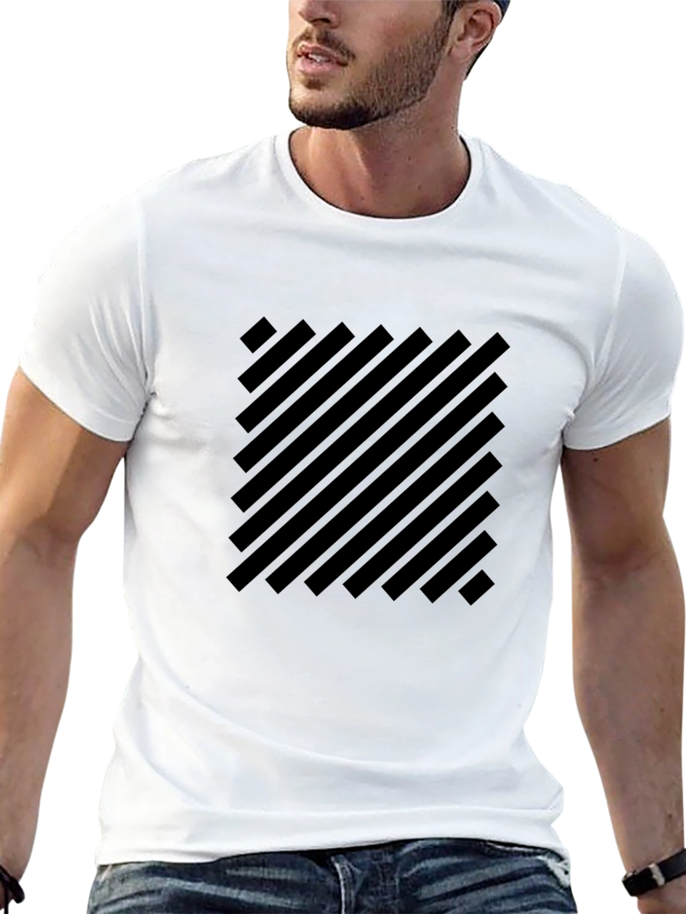 Black Geometric Striped Graphic Tee - Modern Style