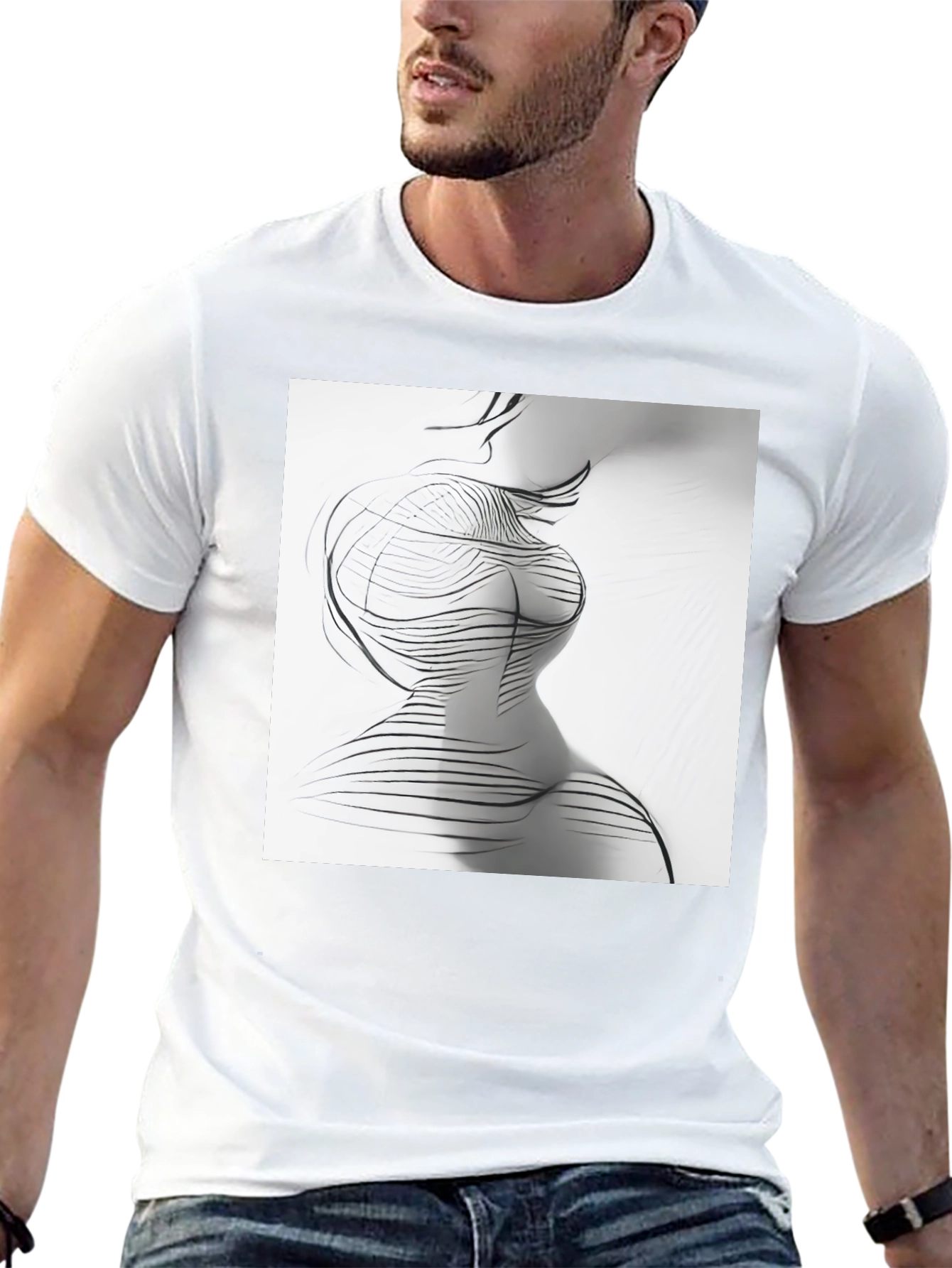 Abstract Line Art Print Black Crew Neck T-Shirt
