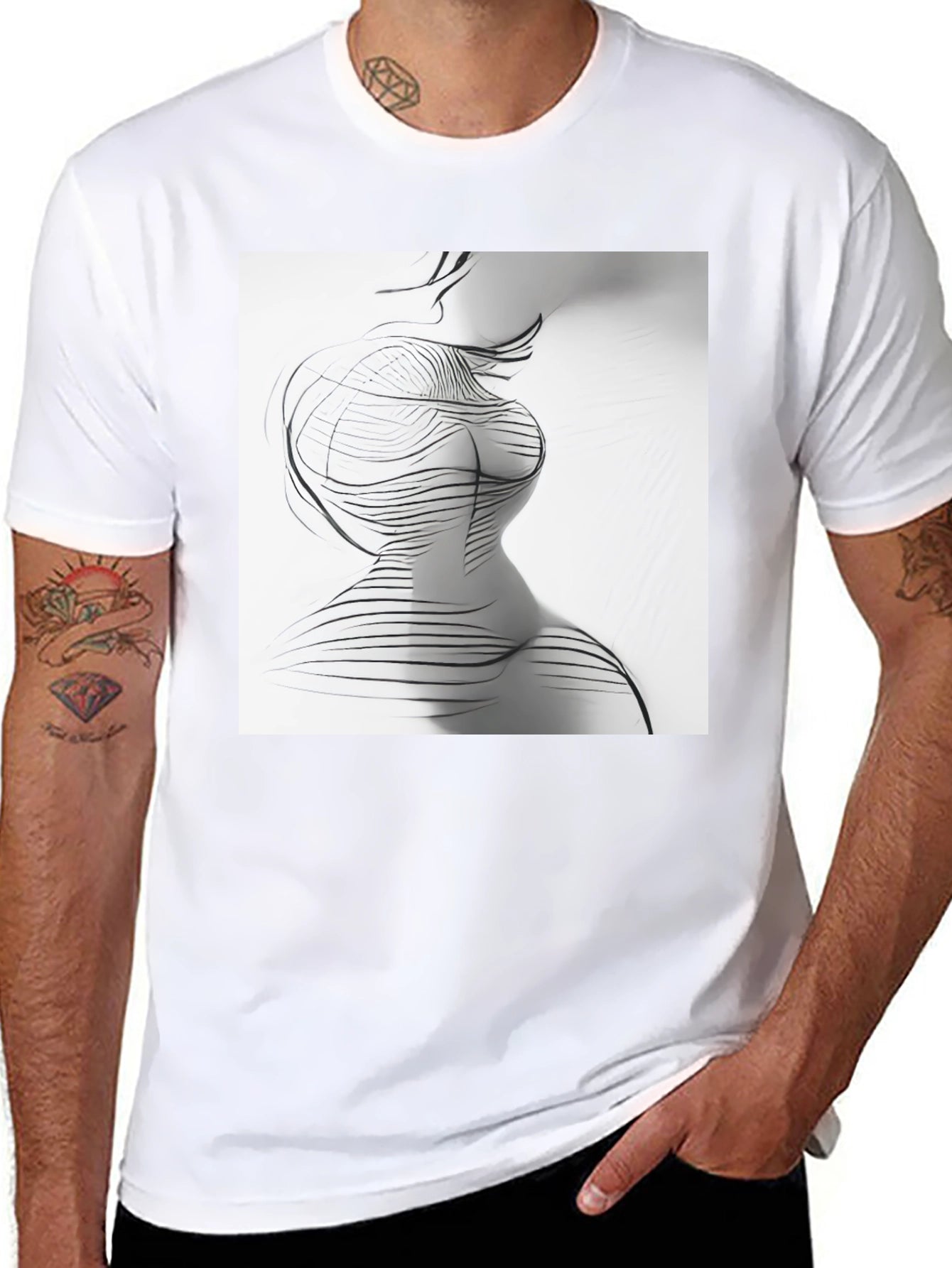 Abstract Line Art Print Black Crew Neck T-Shirt