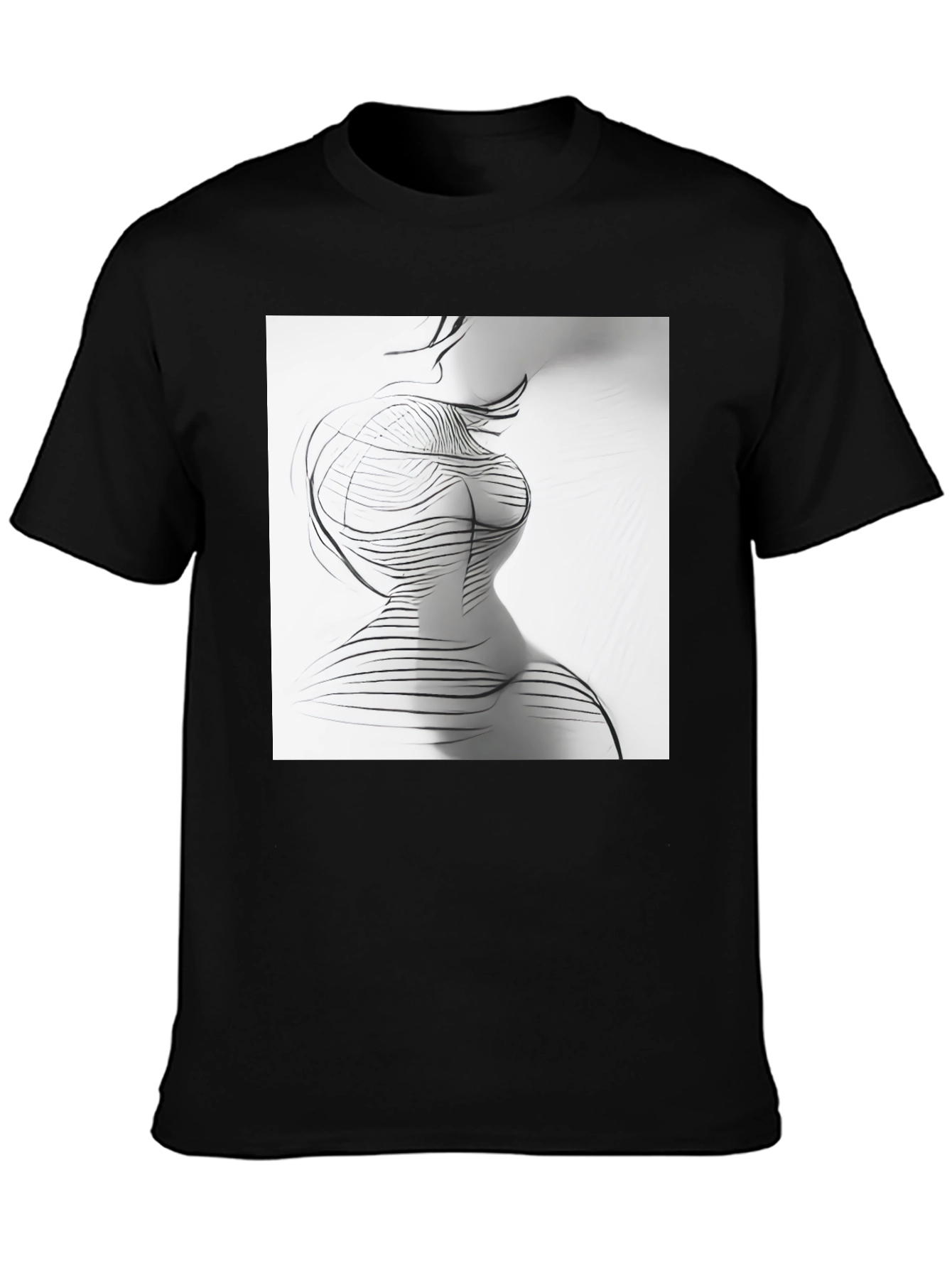 Abstract Line Art Print Black Crew Neck T-Shirt
