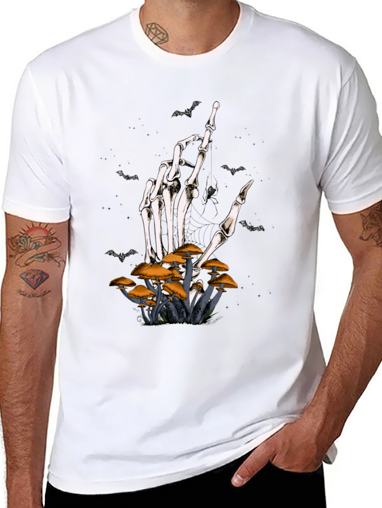 Skeleton Hand & Mushroom Graphic T-Shirt