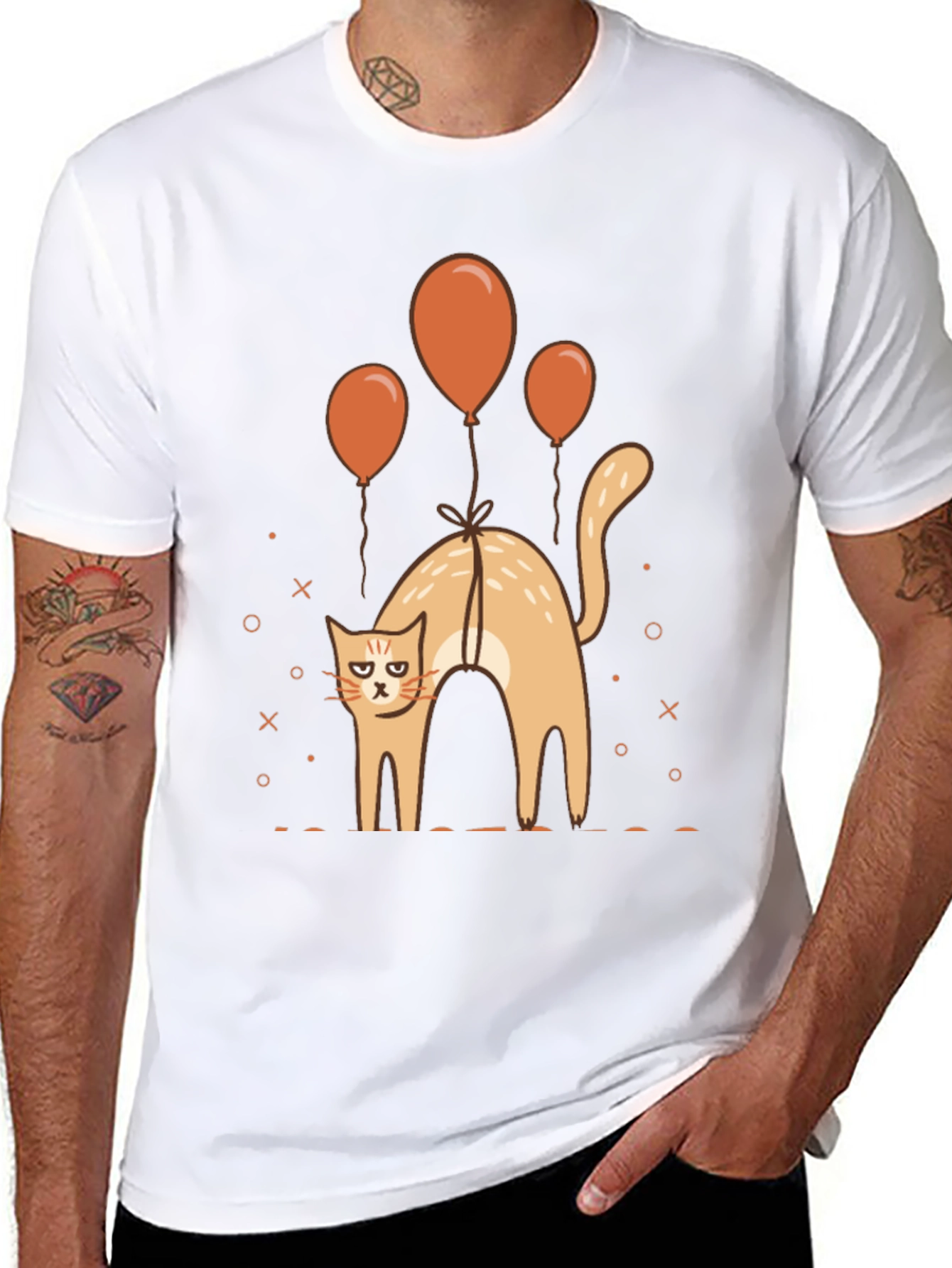 Funny Cat & Balloons Graphic Black T-Shirt