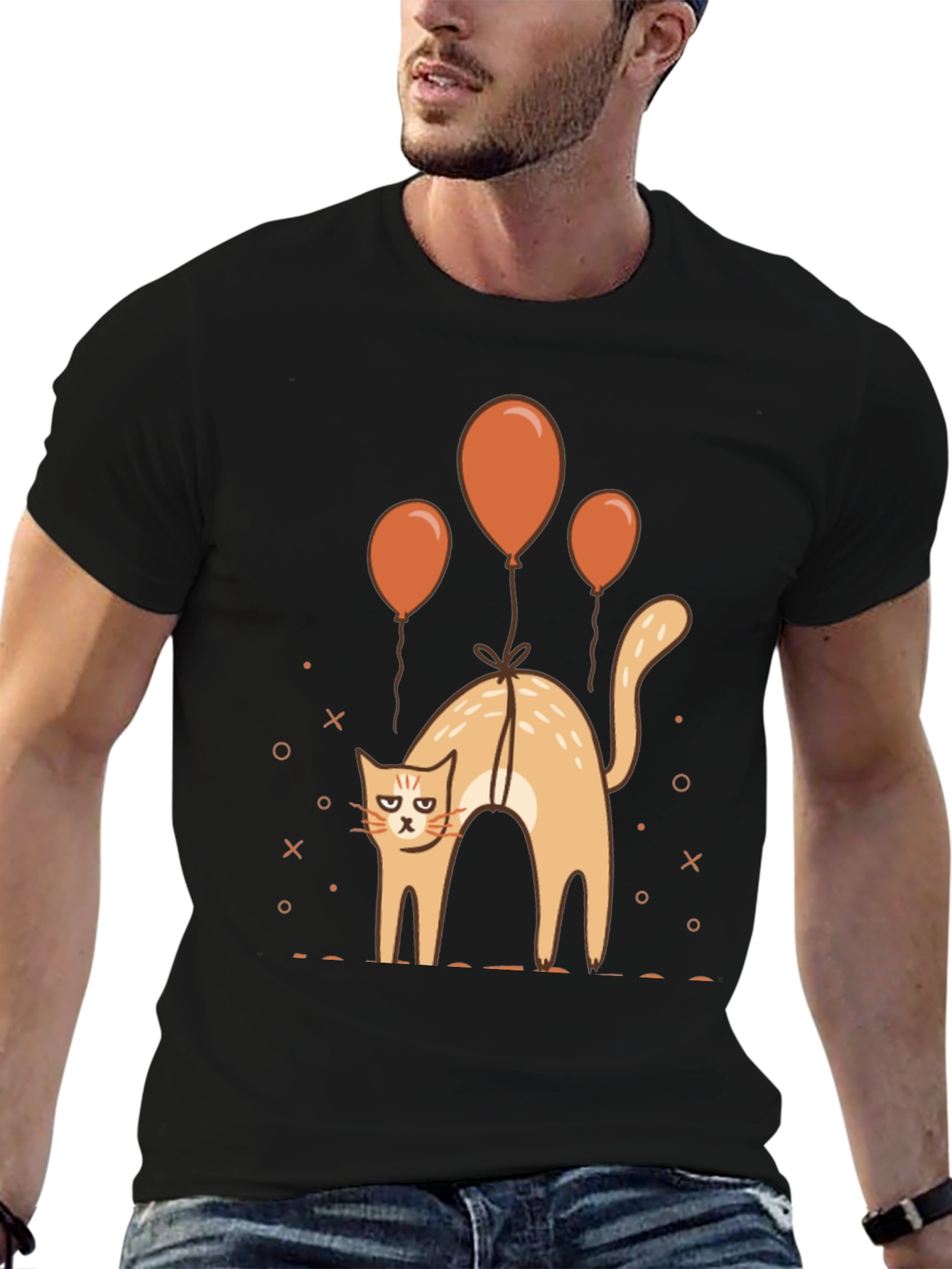 Funny Cat & Balloons Graphic Black T-Shirt