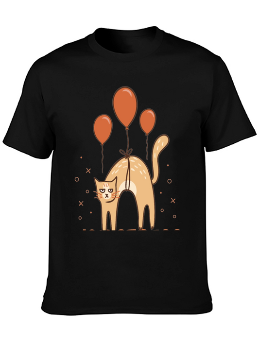 Funny Cat & Balloons Graphic Black T-Shirt