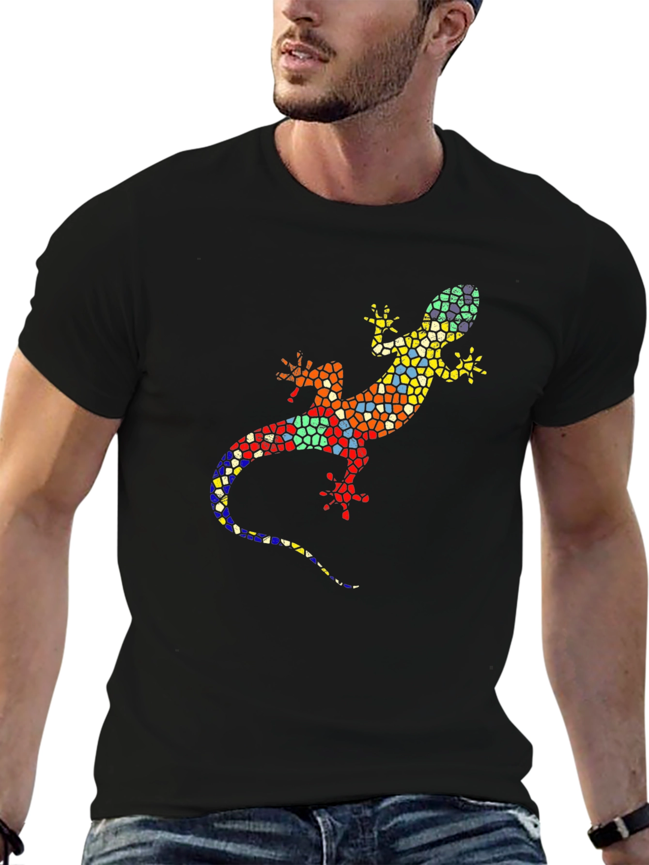 Mosaic Lizard Graphic Tee - Stylish Black T-Shirt