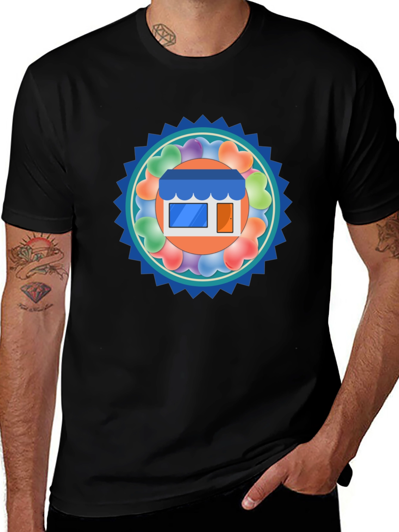 Trendy Black T-Shirt with Storefront Graphic