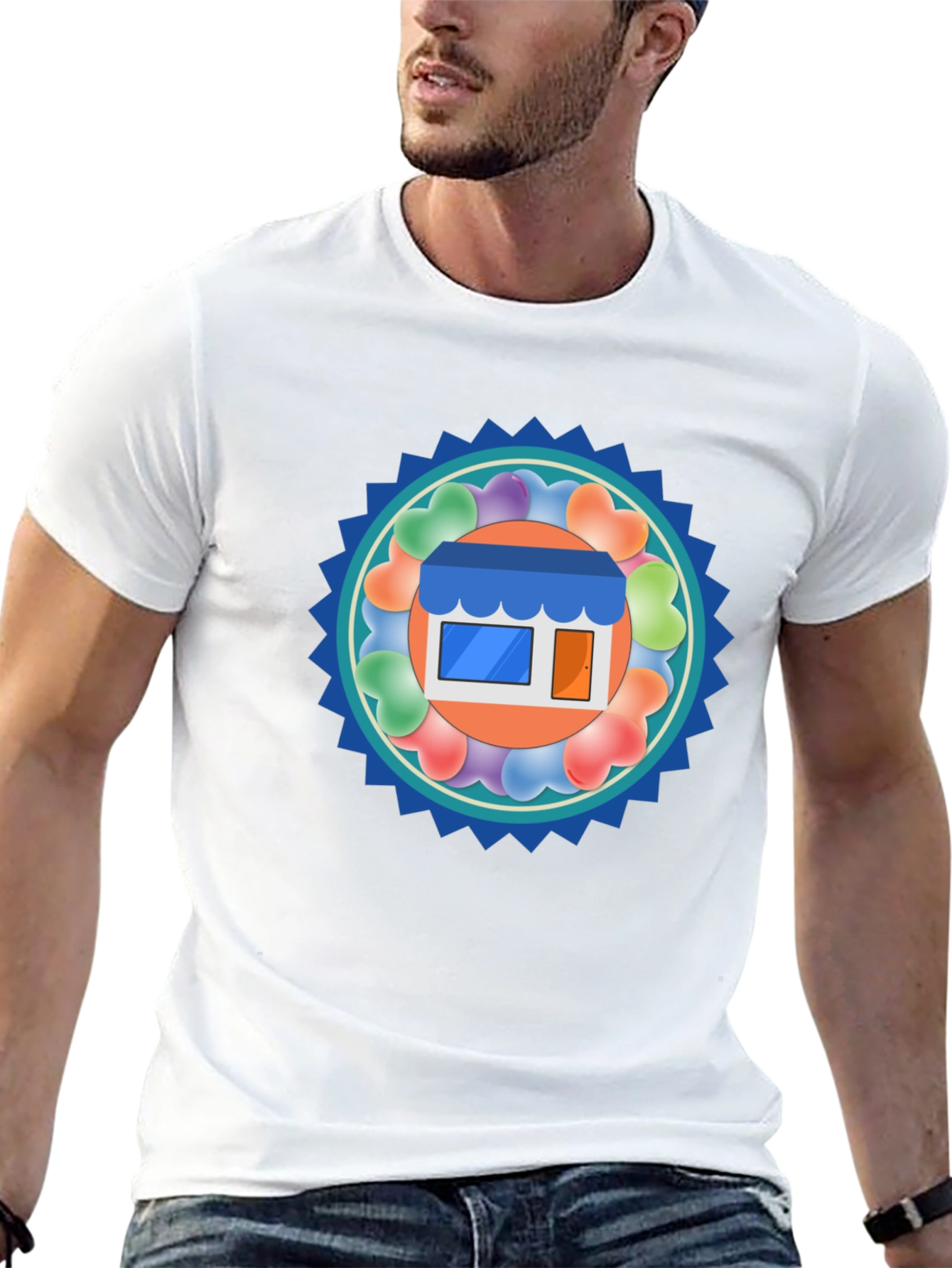 Trendy Black T-Shirt with Storefront Graphic