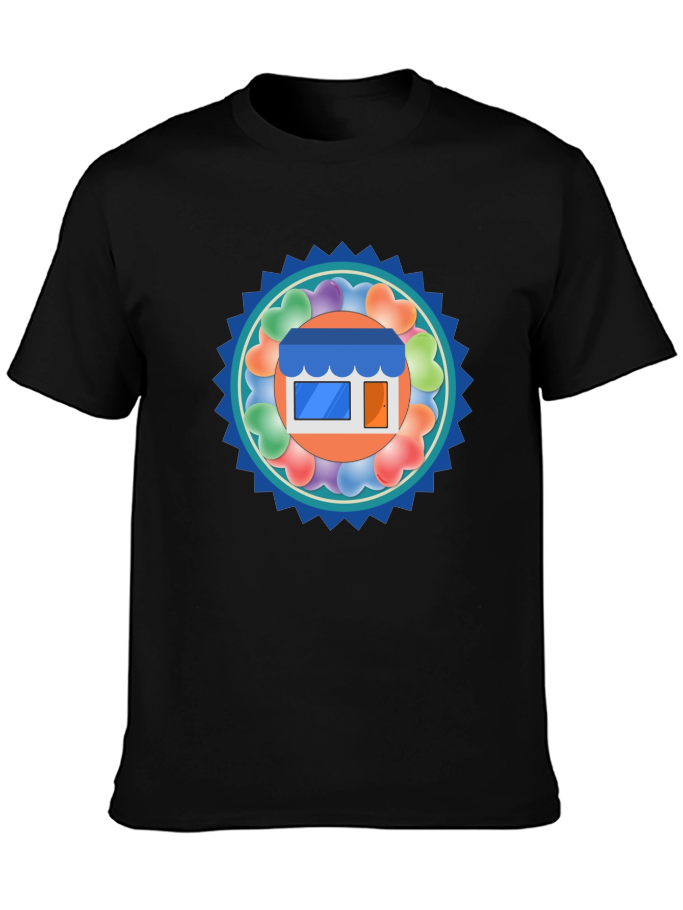 Trendy Black T-Shirt with Storefront Graphic