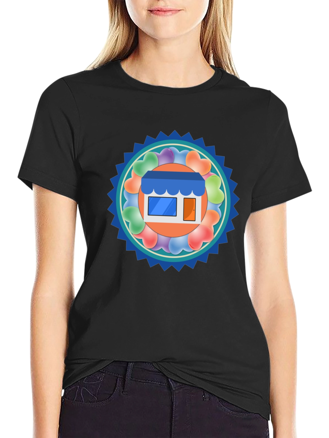 Trendy Black T-Shirt with Storefront Graphic