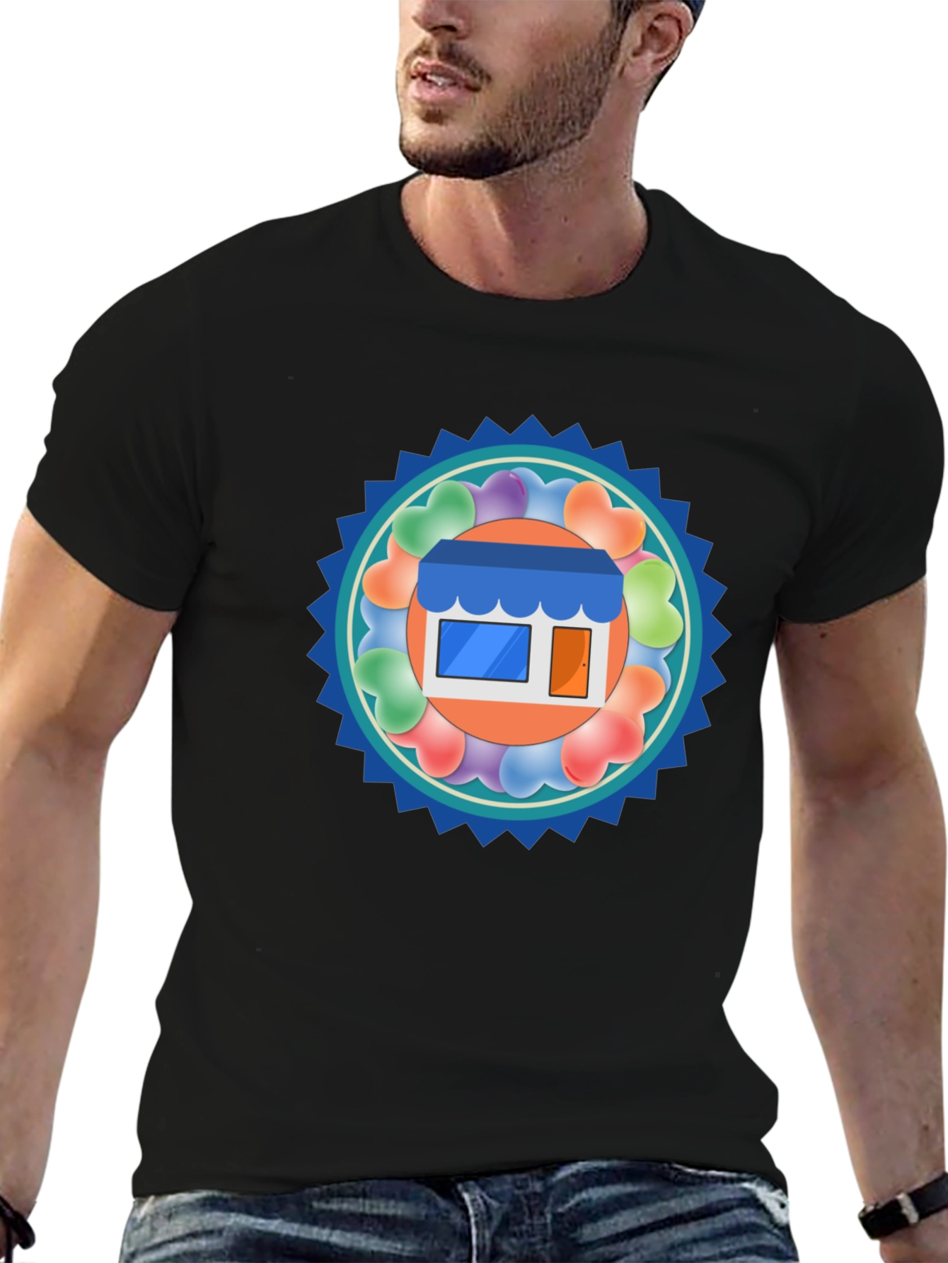 Trendy Black T-Shirt with Storefront Graphic