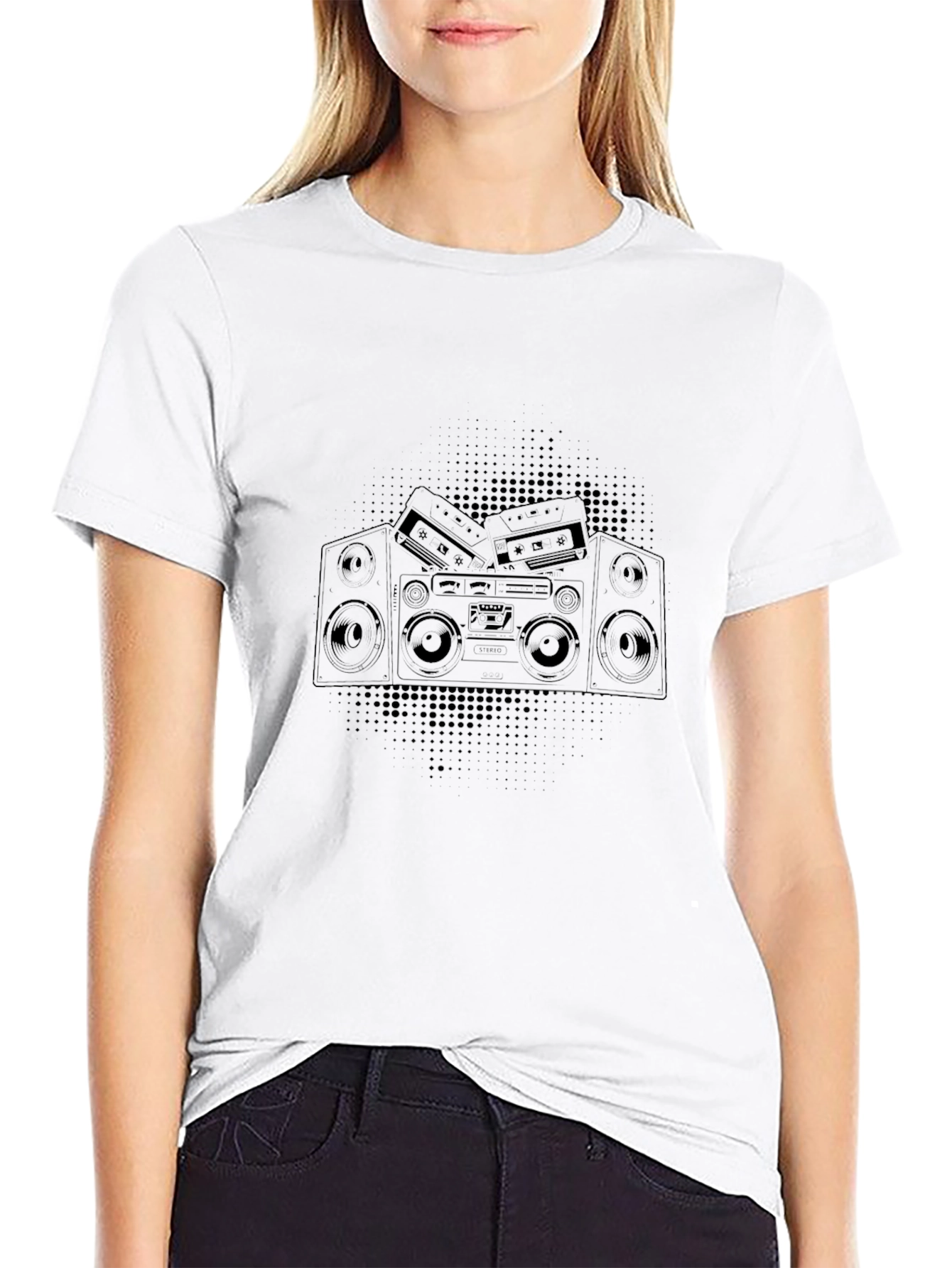 Retro Boombox Graphic Tee - Black Cotton T-Shirt