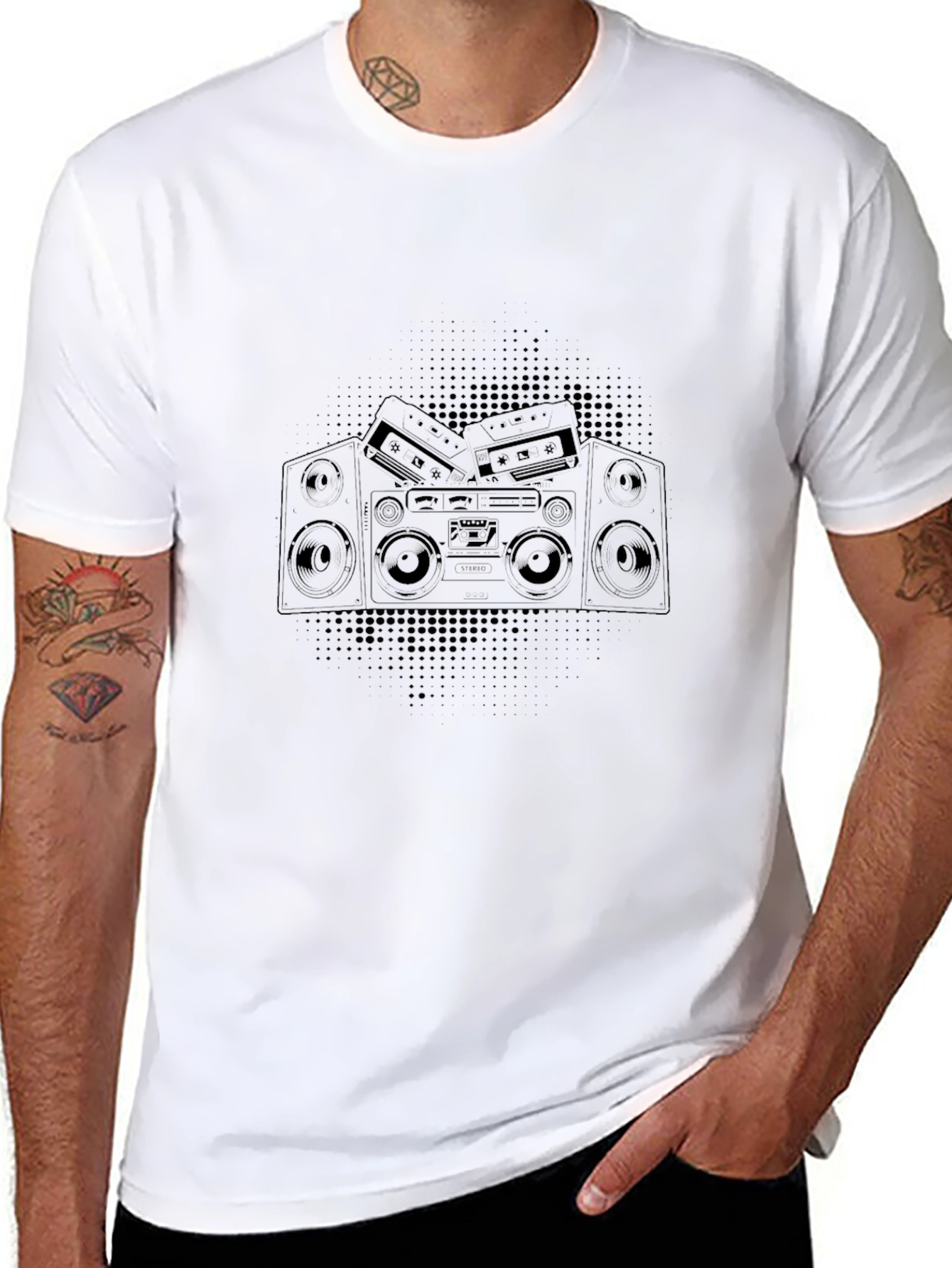 Retro Boombox Graphic Tee - Black Cotton T-Shirt
