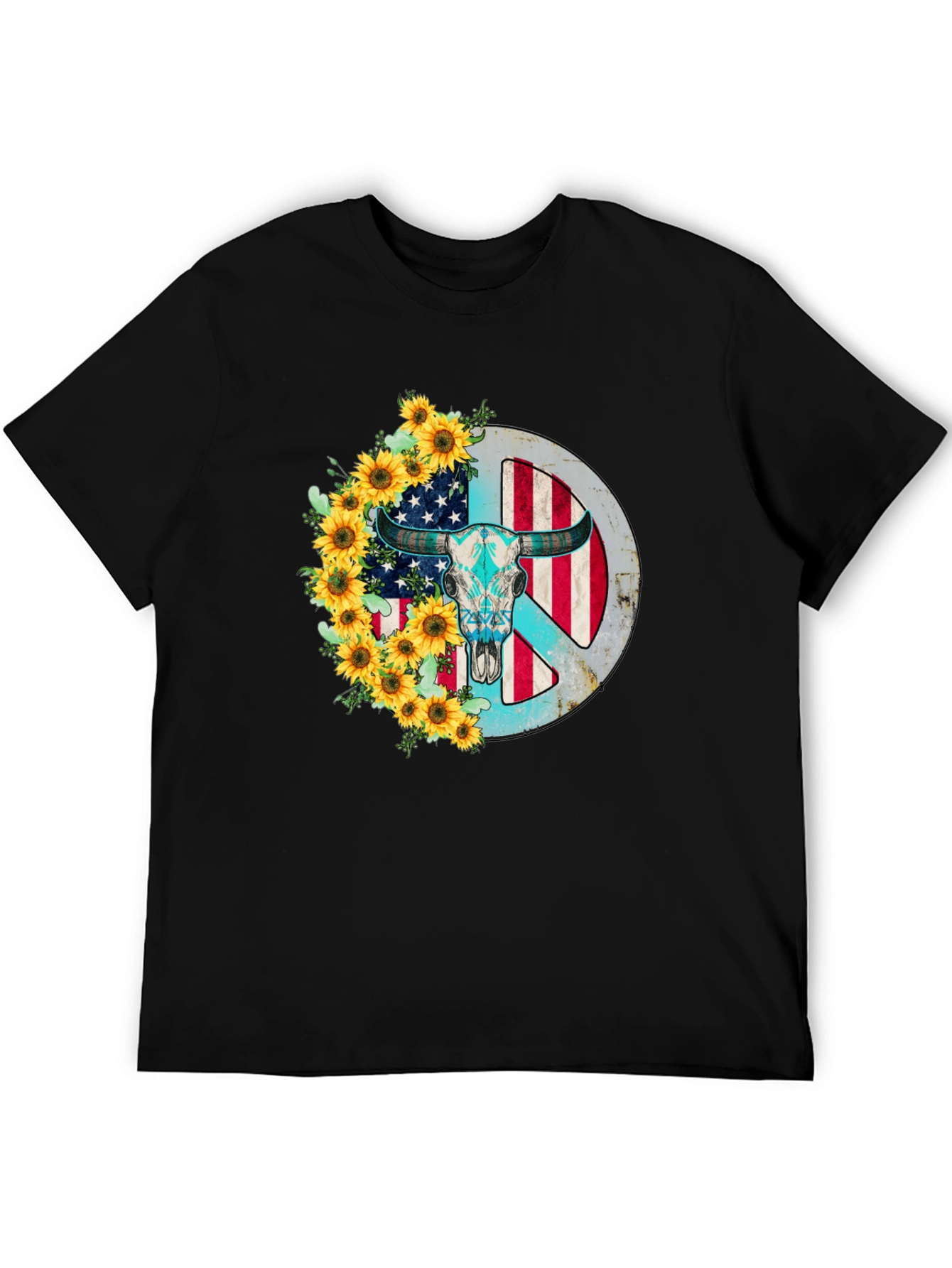 American Bull Skull Peace Sign Sunflower Graphic Tee