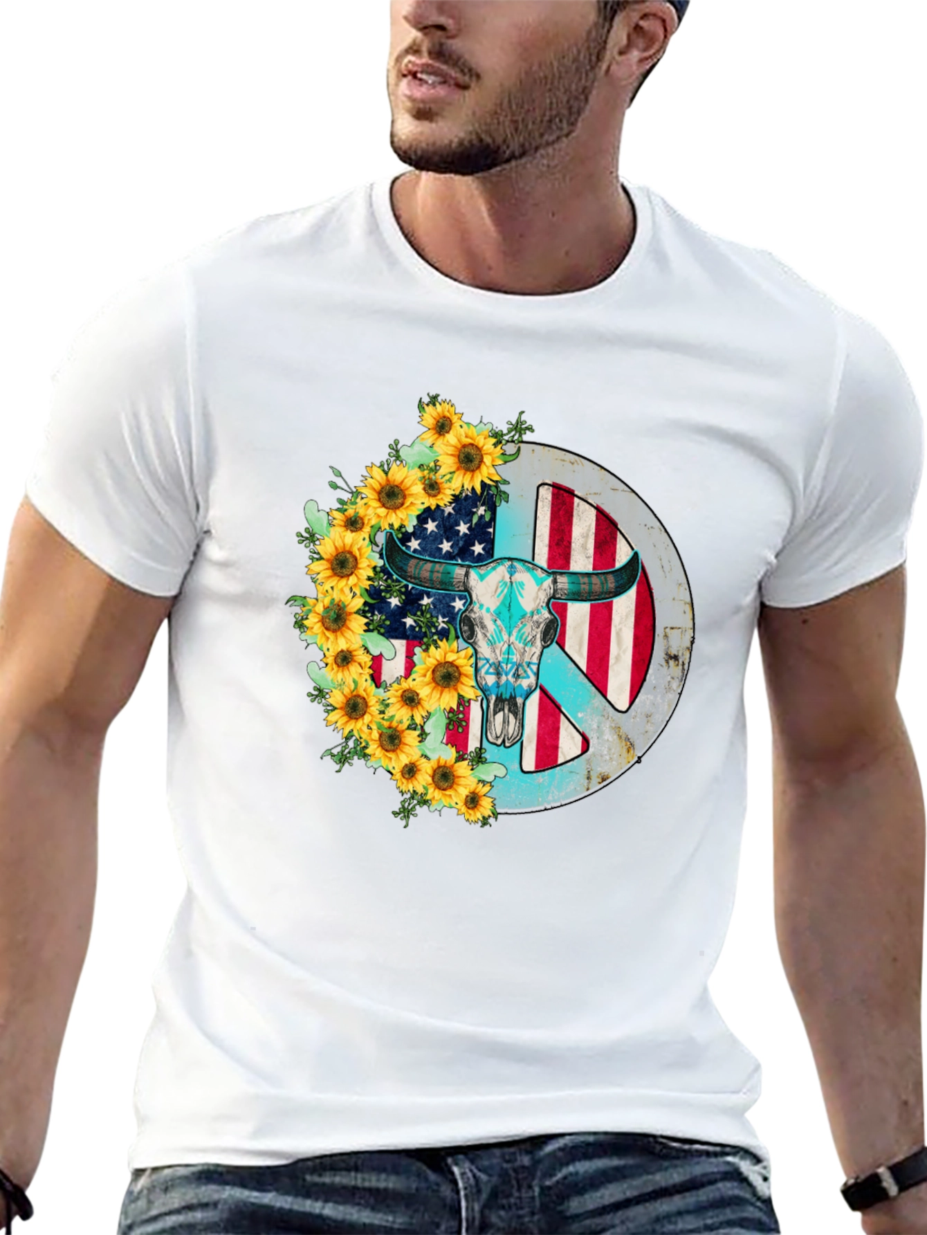 American Bull Skull Peace Sign Sunflower Graphic Tee
