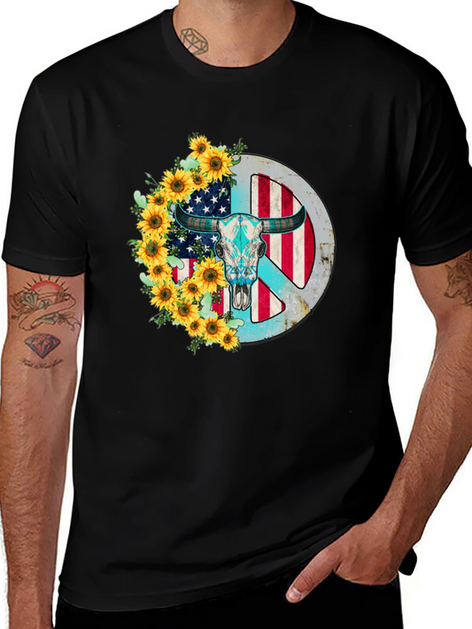 American Bull Skull Peace Sign Sunflower Graphic Tee