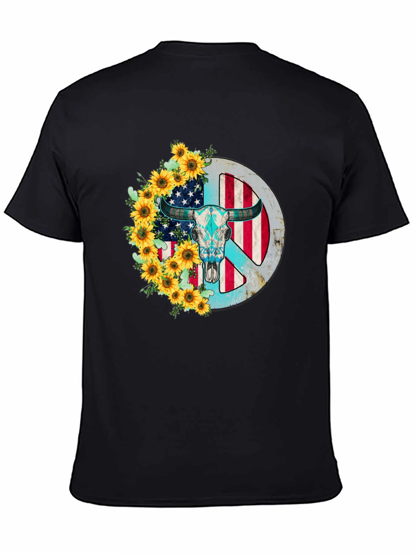 American Bull Skull Peace Sign Sunflower Graphic Tee