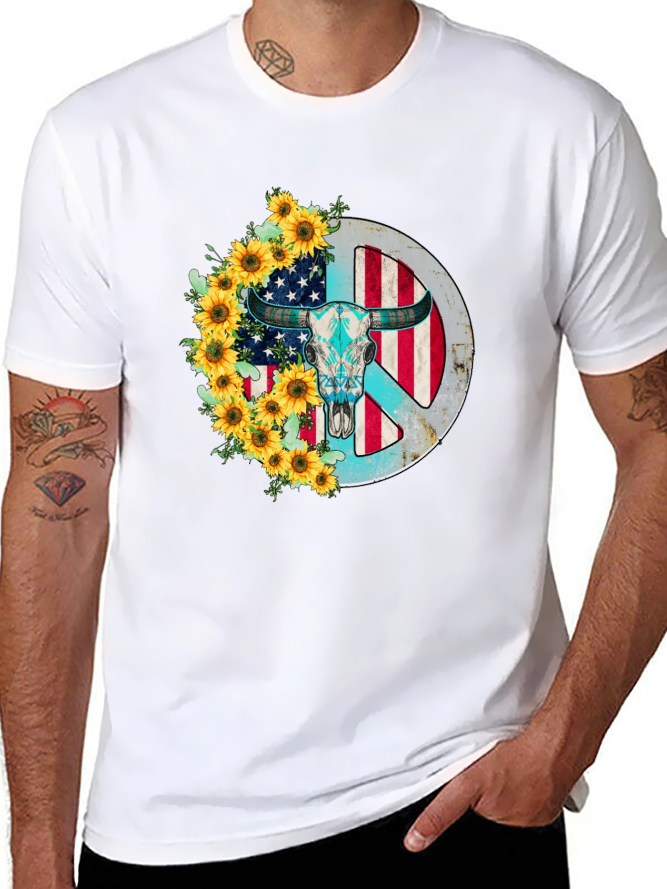 American Bull Skull Peace Sign Sunflower Graphic Tee