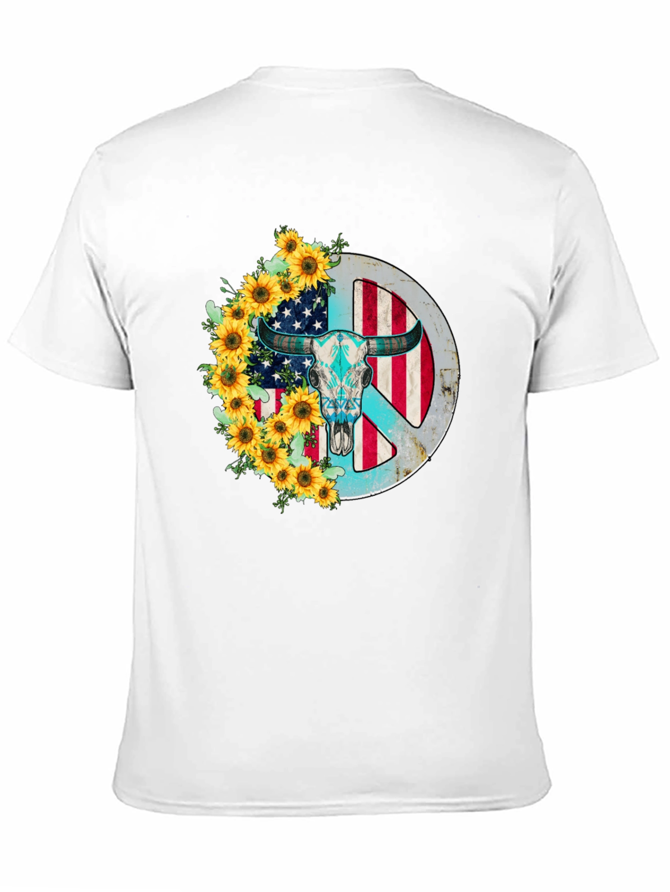 American Bull Skull Peace Sign Sunflower Graphic Tee