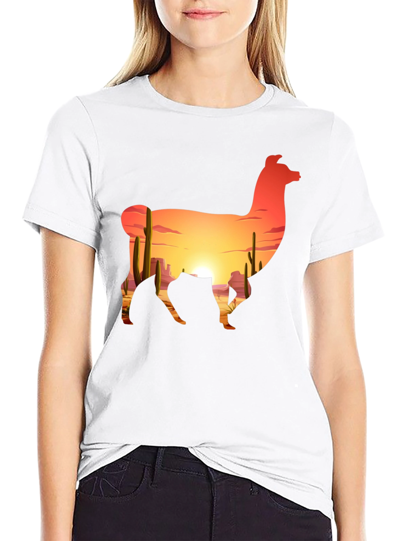 Llama Desert Sunset Graphic Tee - Black Cotton Blend