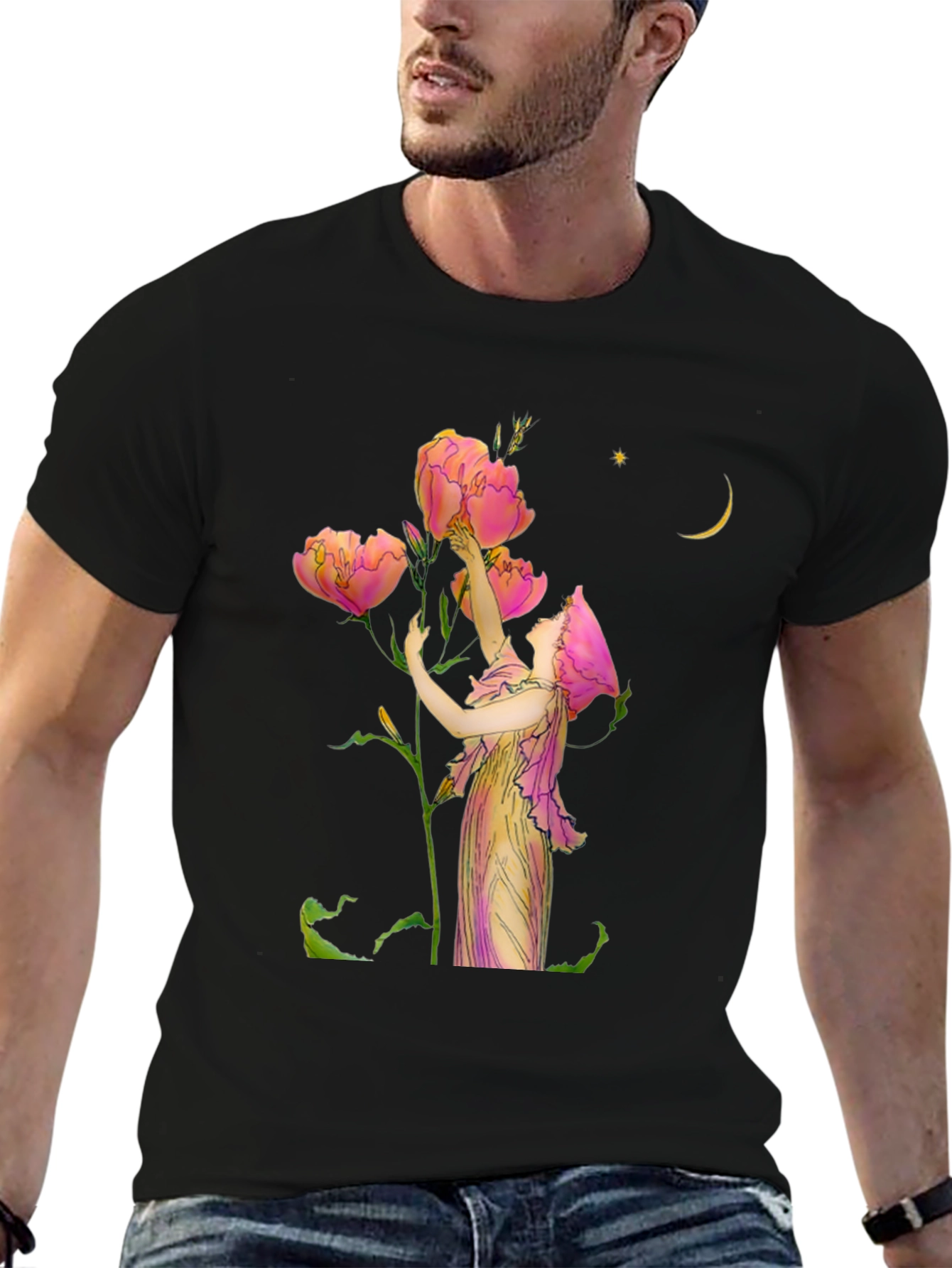 Floral Art Graphic Print Black T-Shirt