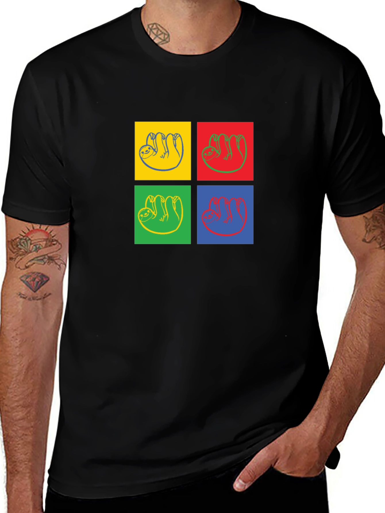 Sloth Pop Art T-Shirt - Black Crew Neck Tee