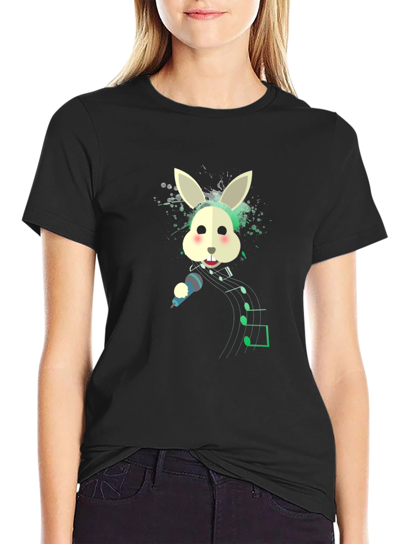 Singing Rabbit Graphic Tee - Black Cotton Blend T-Shirt