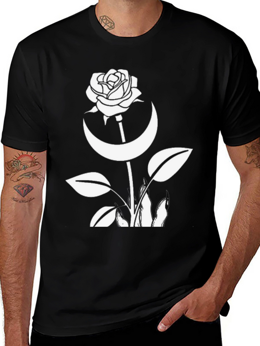 Rose & Crescent Moon Graphic Black T-Shirt