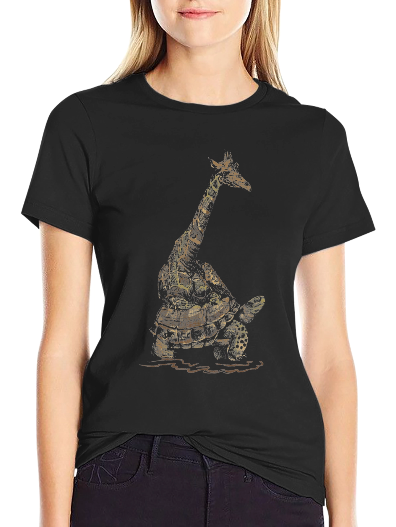 Giraffe Turtle Graphic Tee - Unique Animal Art Shirt