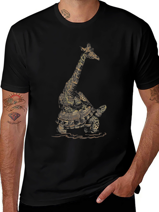Giraffe Turtle Graphic Tee - Unique Animal Art Shirt