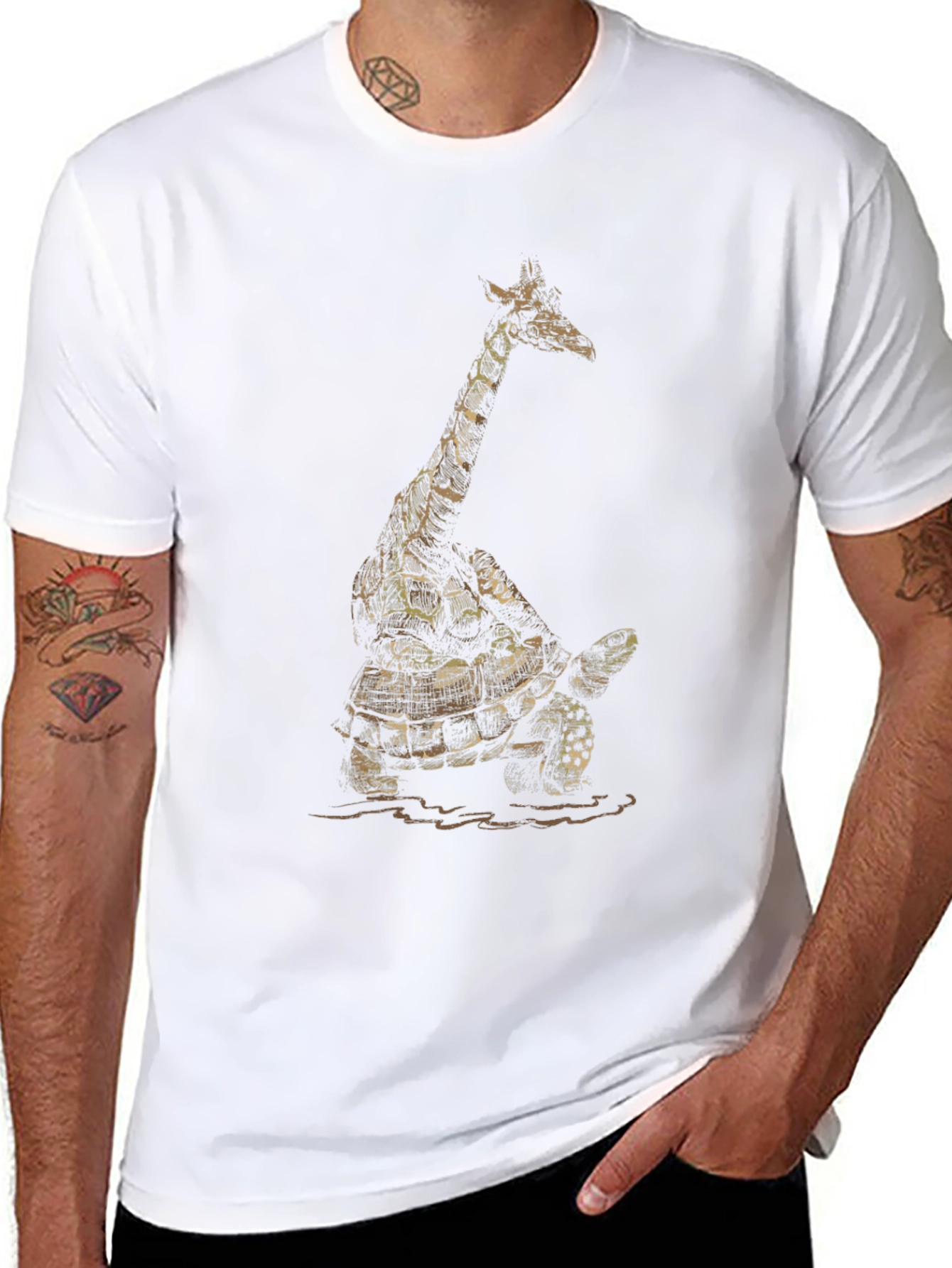 Giraffe Turtle Graphic Tee - Unique Animal Art Shirt