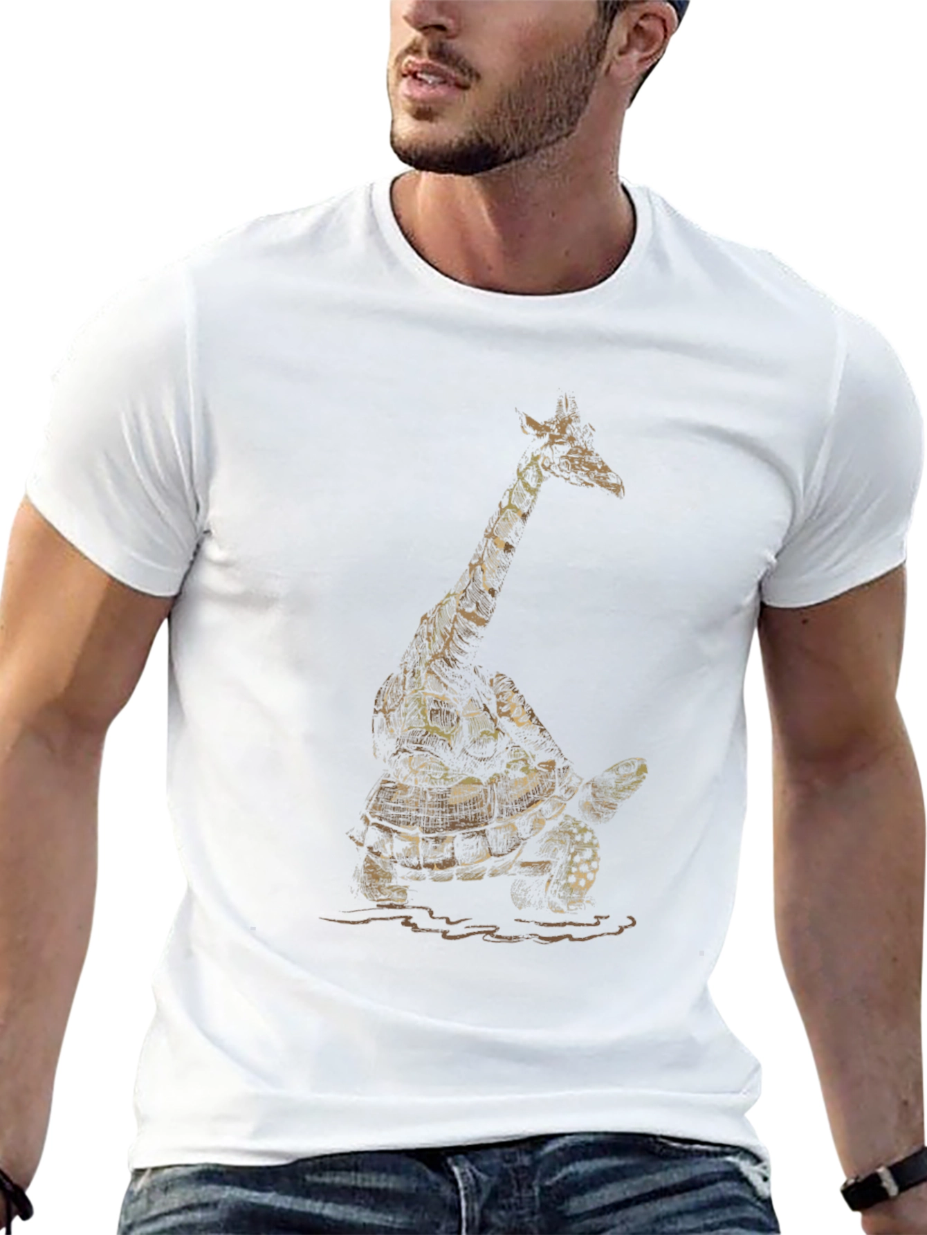 Giraffe Turtle Graphic Tee - Unique Animal Art Shirt