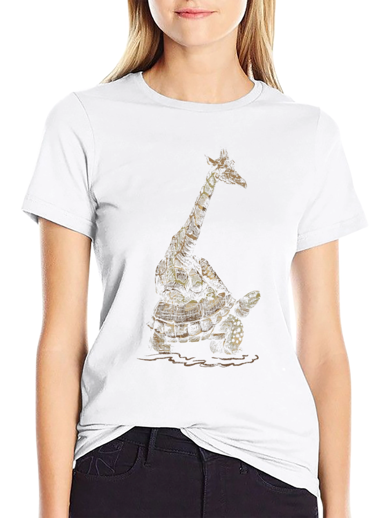 Giraffe Turtle Graphic Tee - Unique Animal Art Shirt