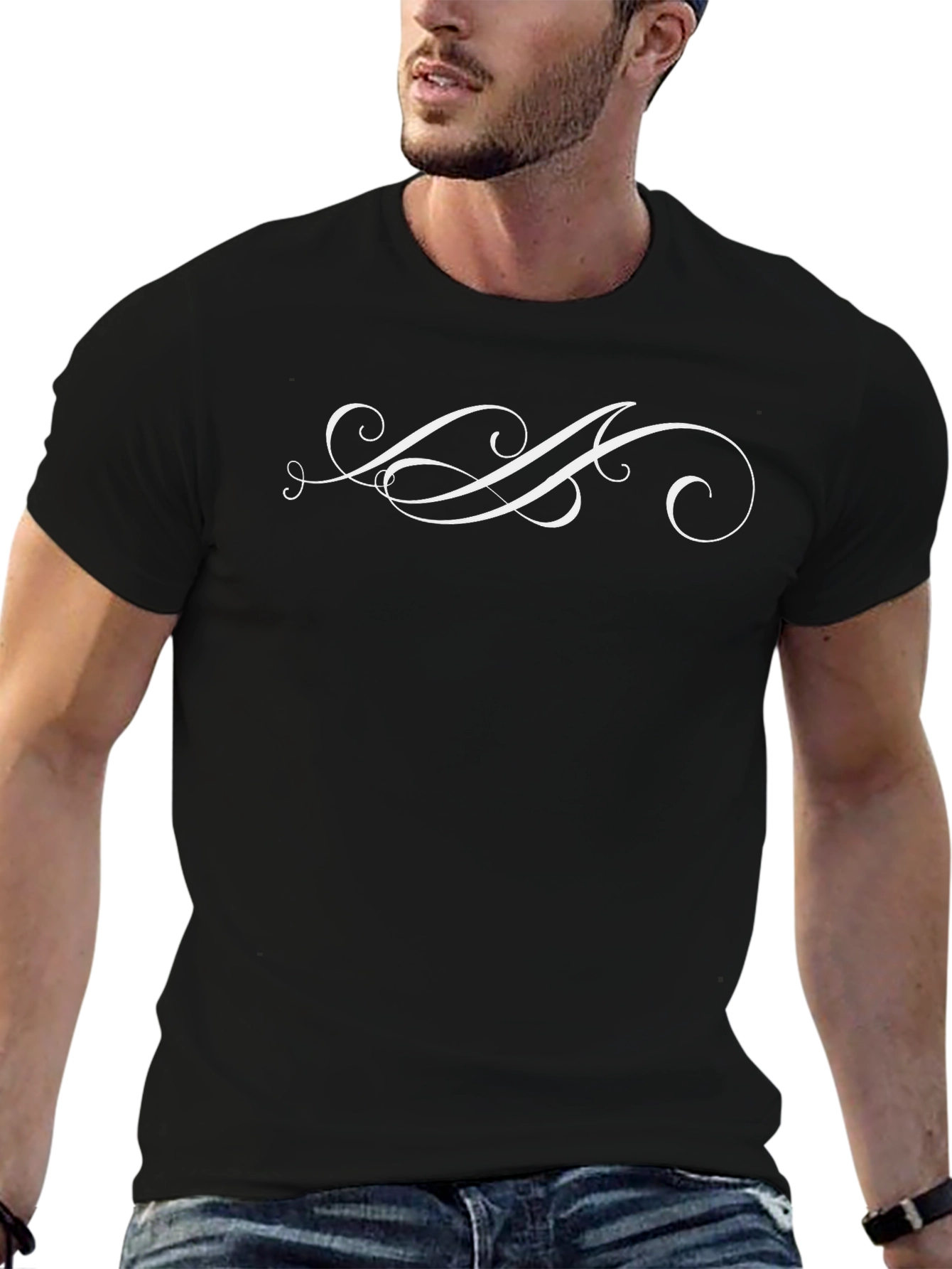 Stylish Black Tee with White Swirl Design