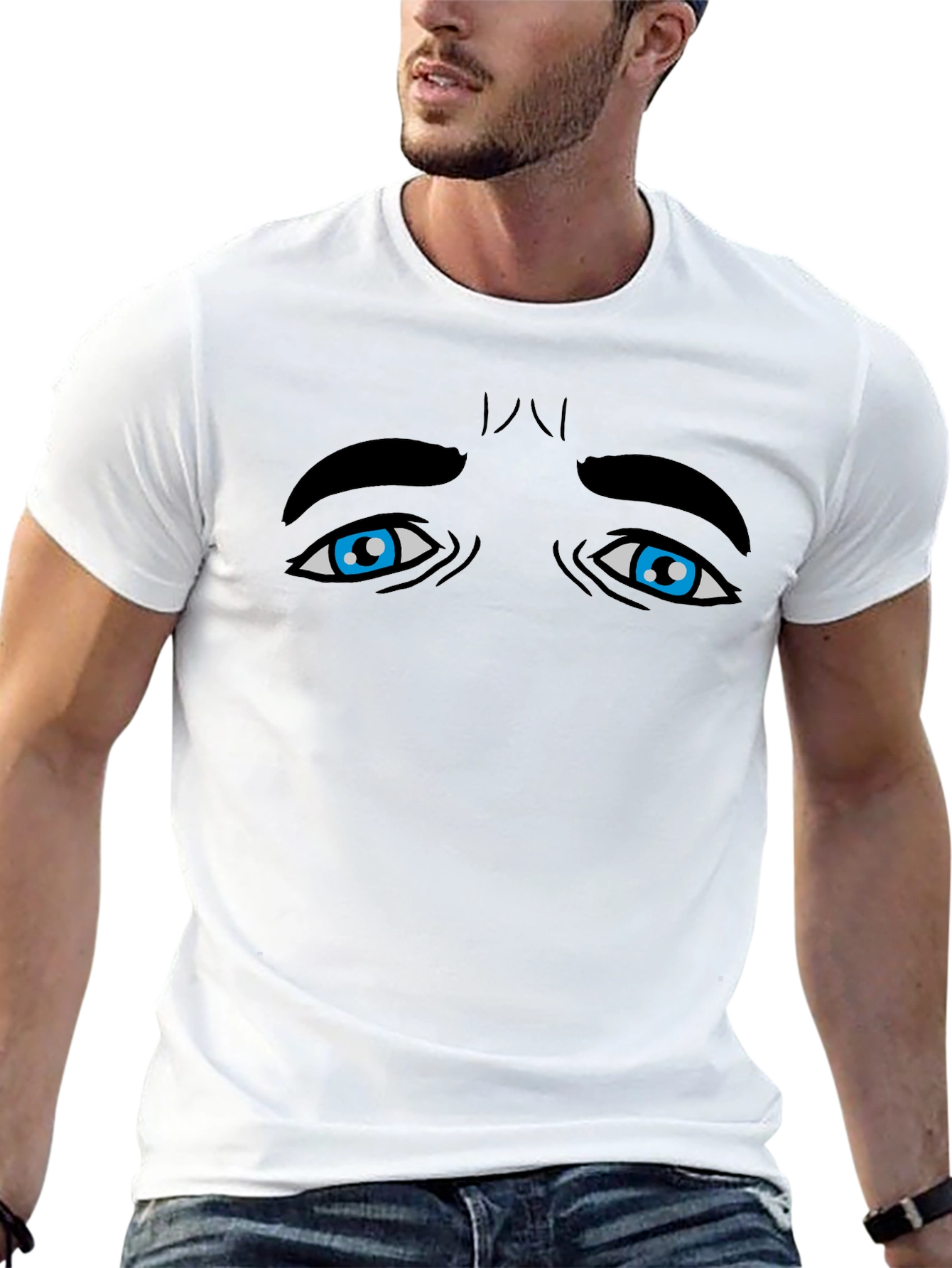 Expressive Blue Eyes Graphic Tee - Black Cotton