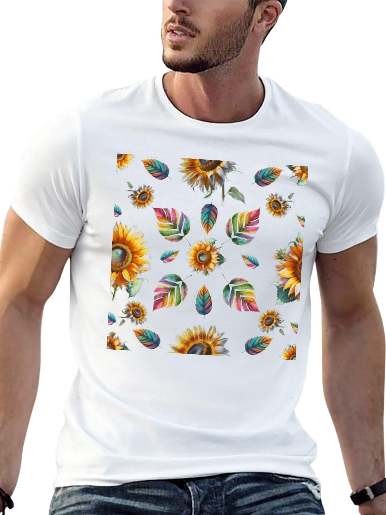 Sunflower & Leaves Print Black T-Shirt